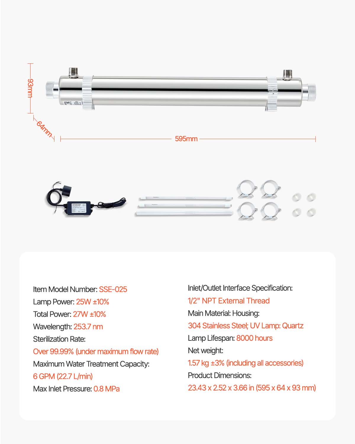 Purificador de Água UV VEVOR 25W 22,7 L/min,Filtro Ultravioleta em Aço Inoxidável,Filtração para Casa,Manchão de Quartzo,Chuveiro,Beber,Limpeza - 7