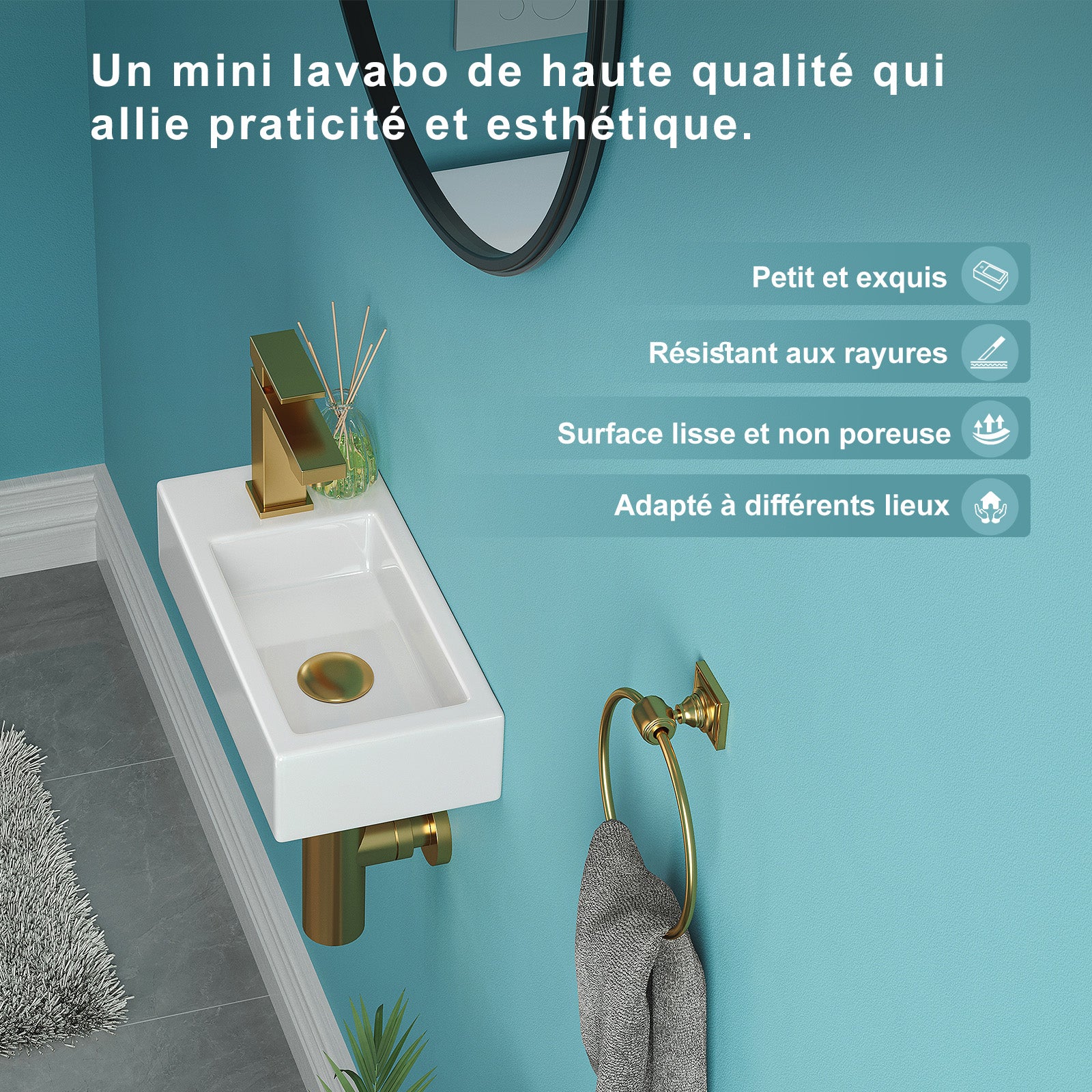 Lavabo Suspendu Salle de Bain, Petit Lavabo WC, Vasque de toilette invités, Mini Lavabo en Céramique, 37 x 18.5 x 9 cm HOROW - 3