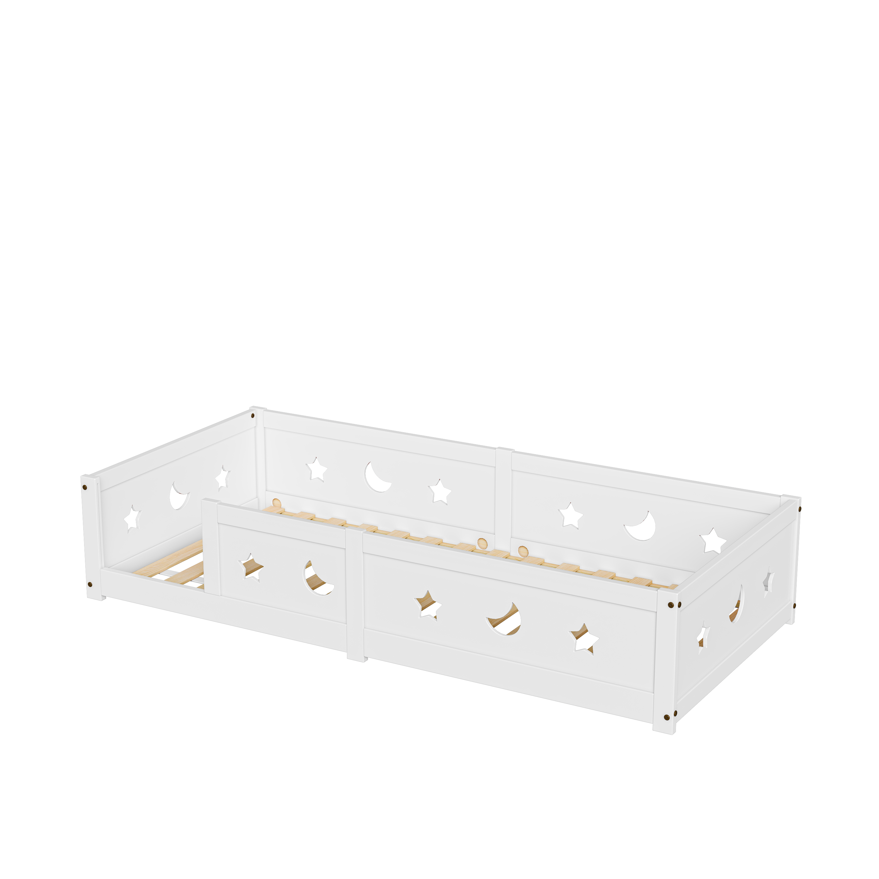 Lit au sol 90x200 cm, lit enfant avec barrière de sécurité, lit 1 personne, lit montessori, moderne, cadre de lit avec sommier, bois massif blanc - 9