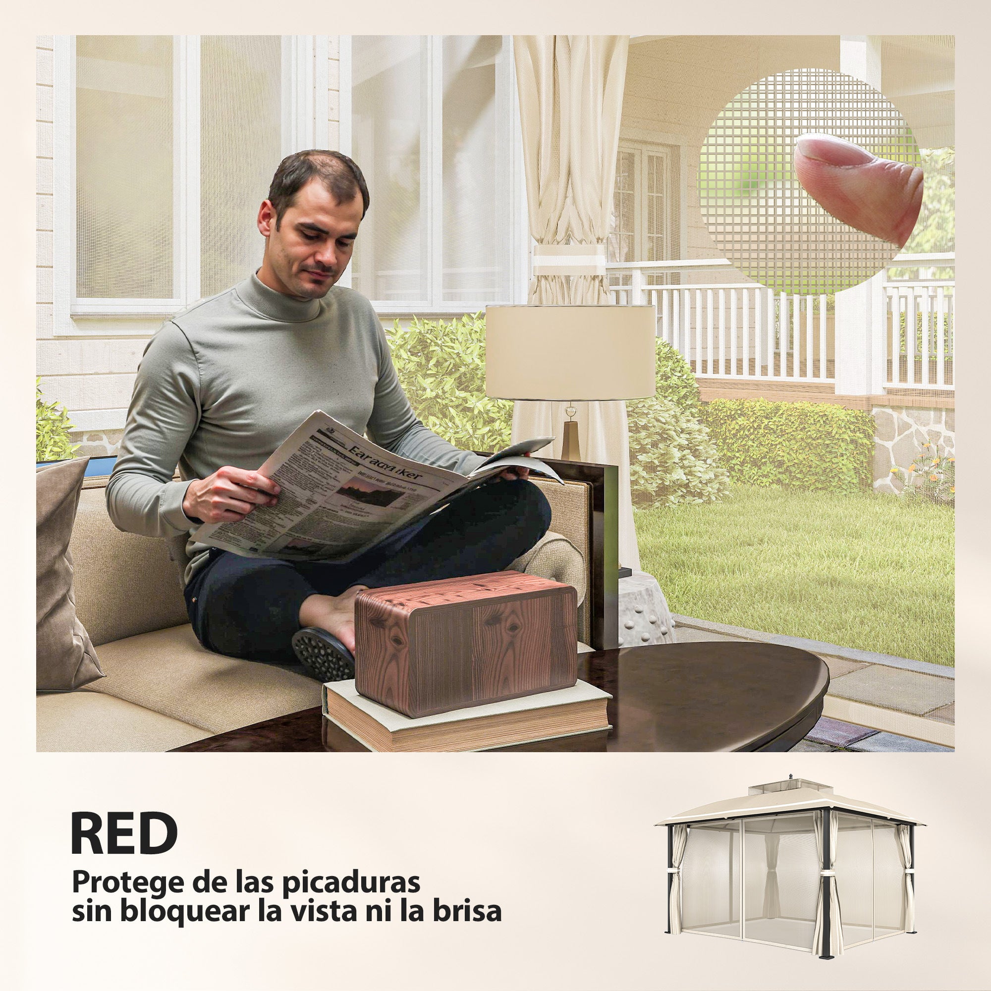 Cenador para Jardín Outsunny metal, tela de poliéster Beige 370x303x290 cm - 6