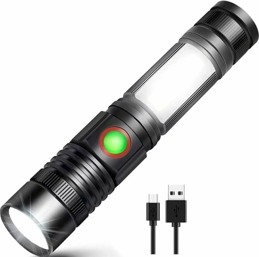Mocna latarka z diodą COB LED ładowana przez USB, przenośna wojskowa lampa z zoomem do napraw samochodowych, warsztatów, na kemping i do majsterkowan