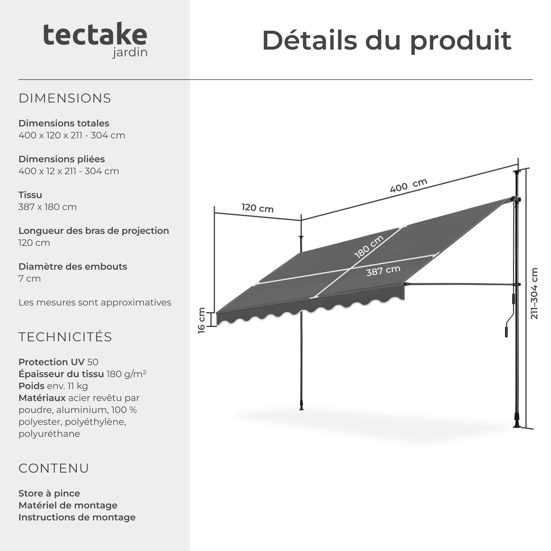 TECTAKE Toldo dobrável para varanda Sistema de fixação por manivela de funcionamento suave, podendo ser montado à direita ou à esquerda - 6
