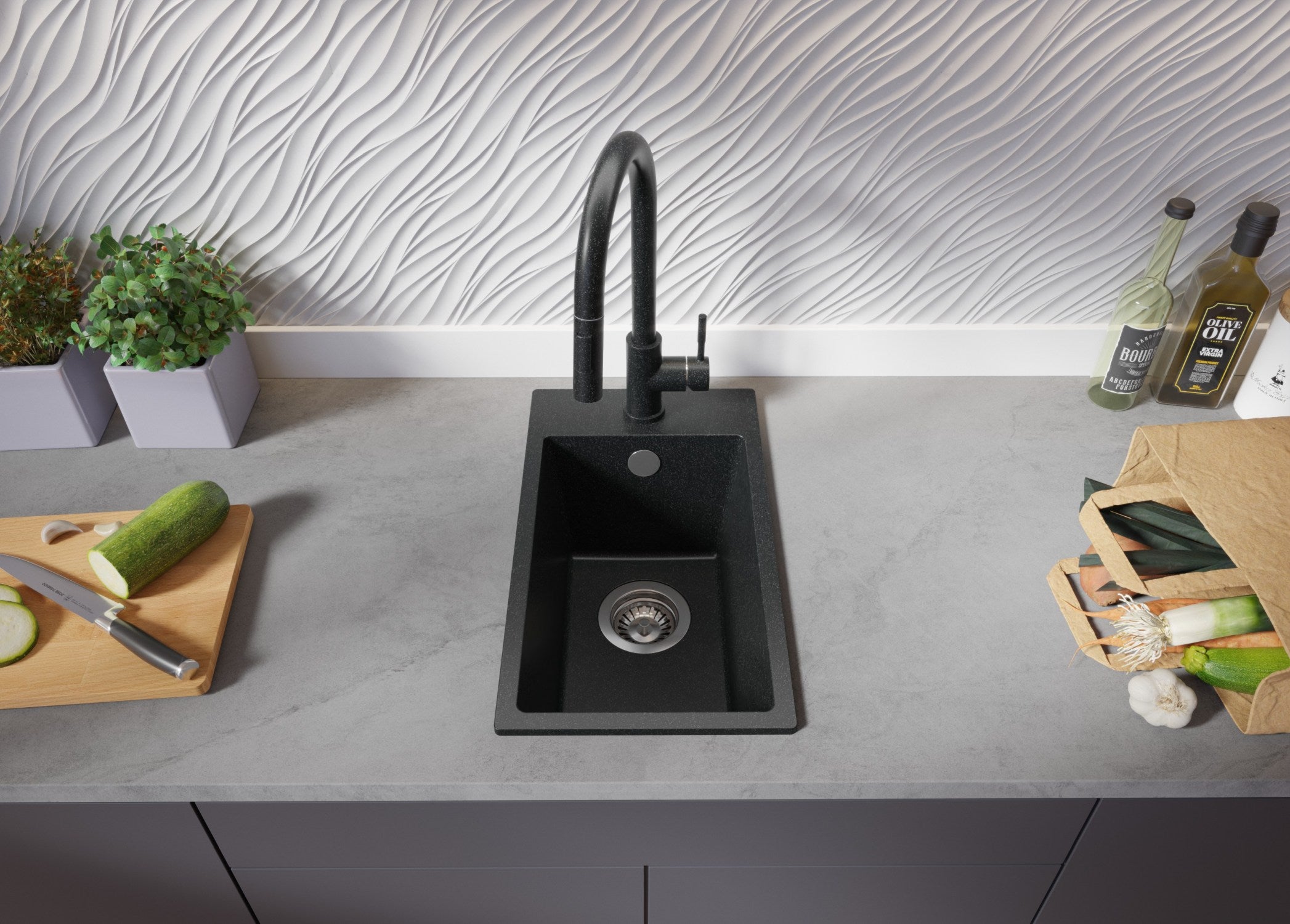 Evier Cuisine en Granit Graphite 28x50cm, Lavabo 1 bac + Kit de Vidage, Évier à Encastrer au meuble 30cm - Riga PRIMAGRAN - 4