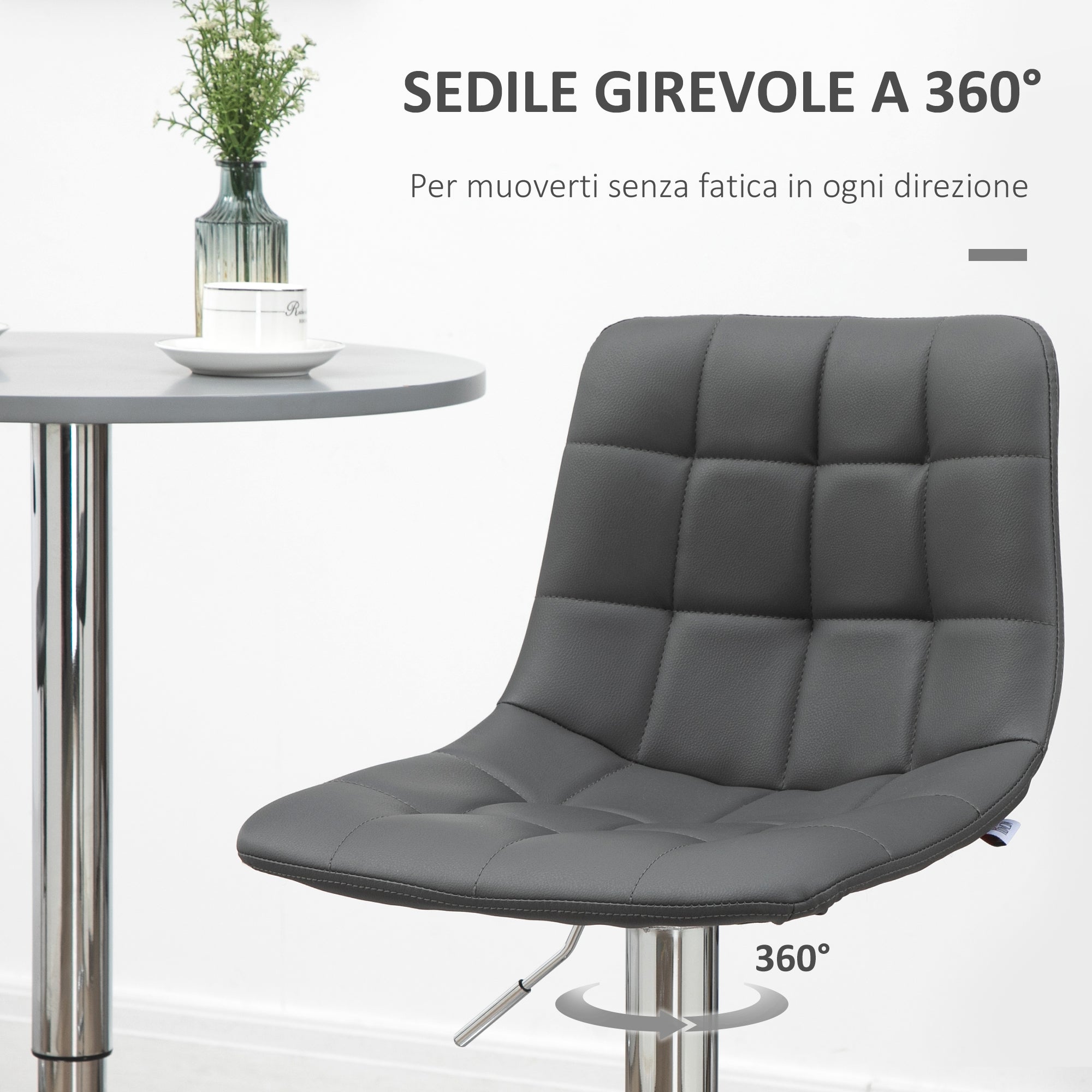 HOMCOM Set 2 Sgabelli da Bar Girevoli in Similpelle con Schienale e Poggiapiedi, 42x45x89-110cm, Grigio - 6