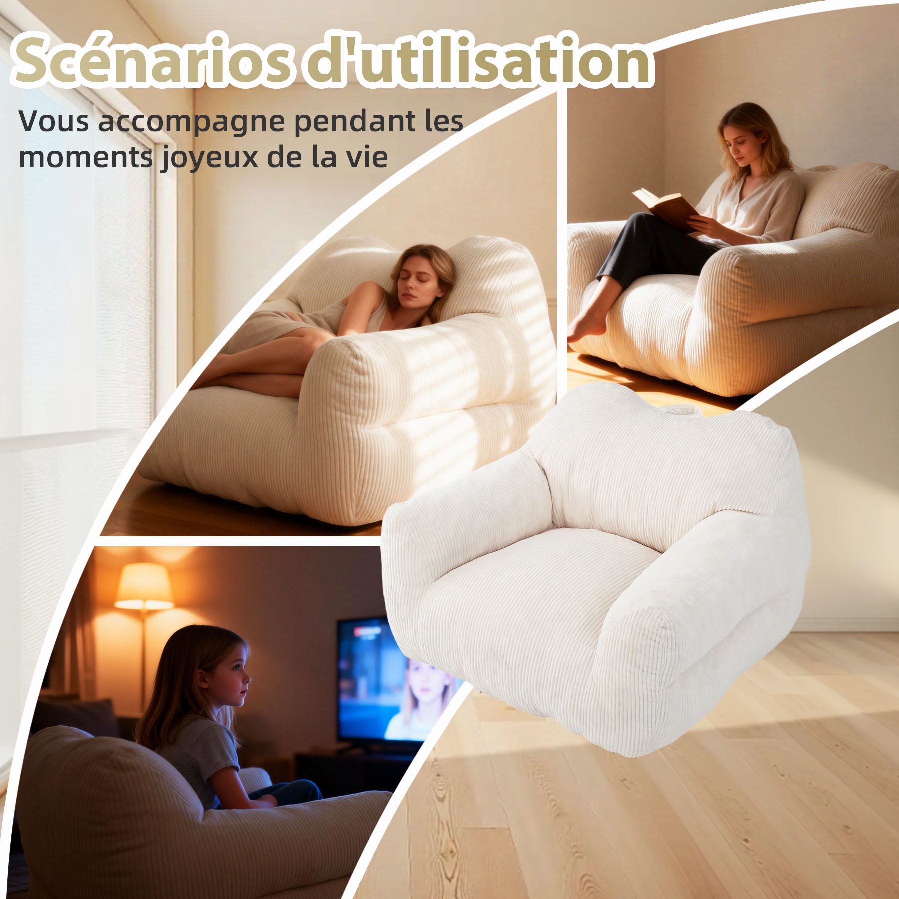 Canapé pouf carré HOMEMIYN en velours côtelé, fauteuil lounge avec dossier et accoudoirs, 118x110x86 cm, pour salon et chambre - 3