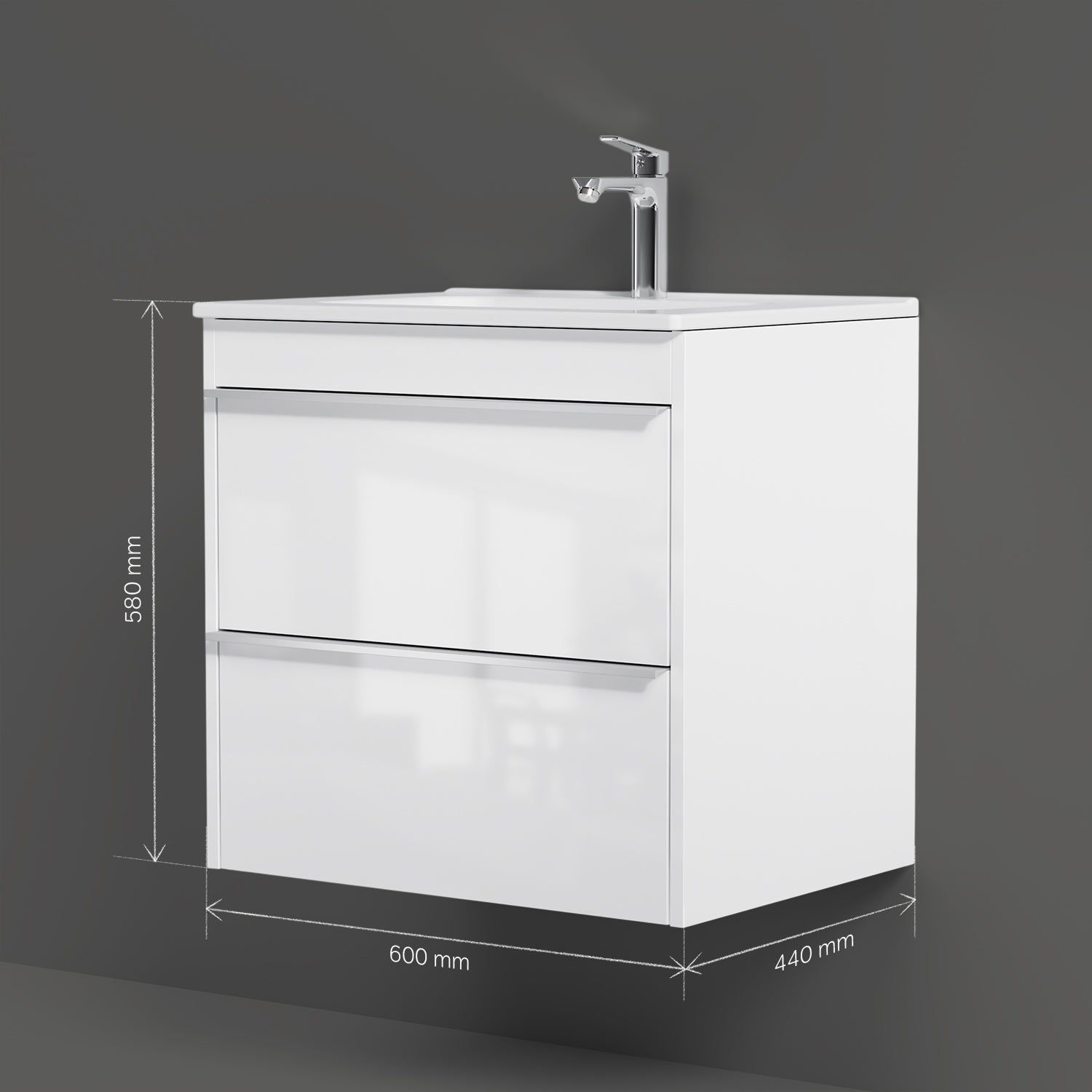 Meuble salle de bains avec Vasque en Céramique Meuble simple vasque suspendu 60 cm avec lavabo intégré, 2 tiroirs, design, Blanc Brillant&nbsp; – AM.PM - 9