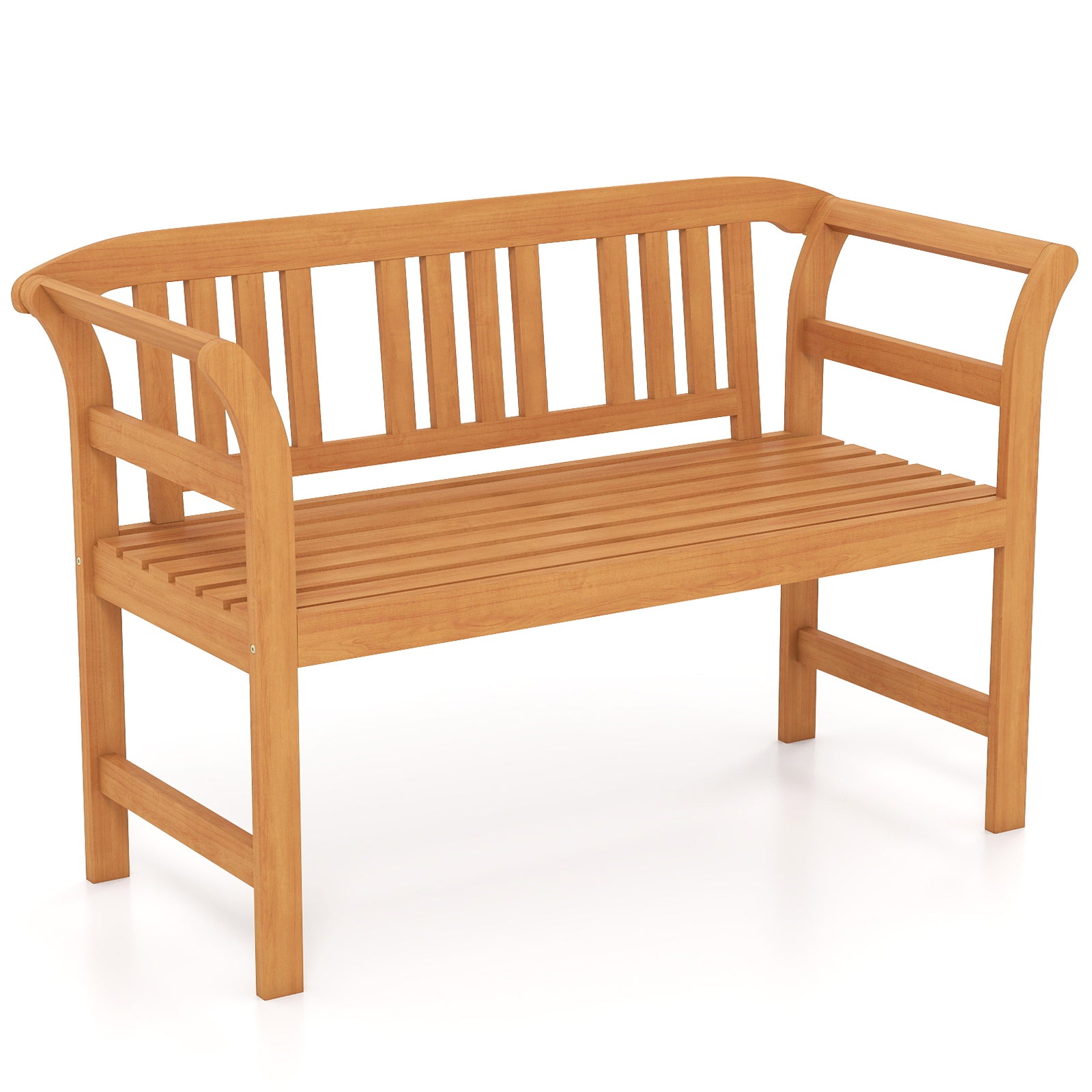 Banc de exterior din lemn de salcâm pentru 2 persoane, cu spătar și cotiere, capacitate de 360 kg, 118 x 50 x 78,5 cm, pentru verandă, curte(1)