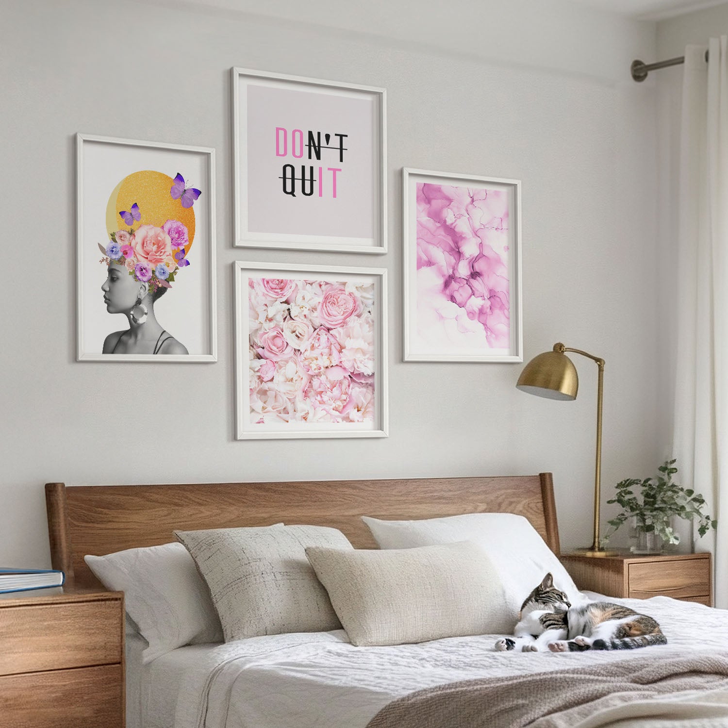 Ensemble de 4 tableaux encadrés | Inscription inspirante, fleurs ...