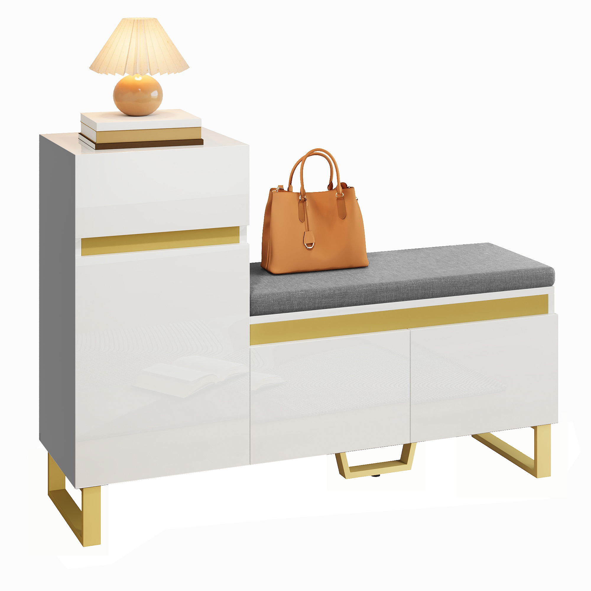 Szafka na buty z ławką, poduszką, 3 drzwiami i 1 szufladą - 120 x 35 x 85 cm - MDF - biała - 2