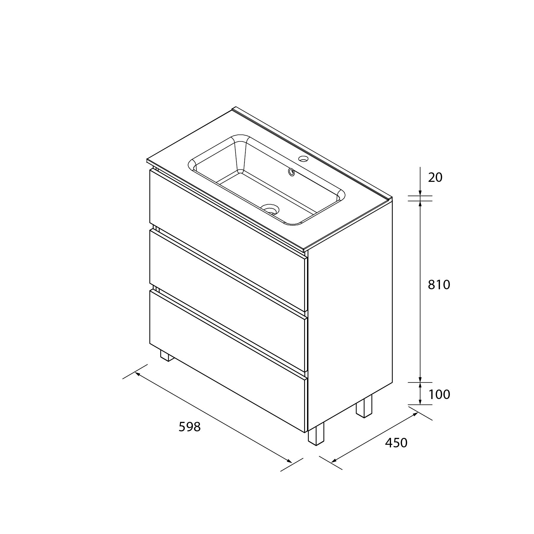 Mueble de Baño BEQUIA Blanco Mate 60cm 3 cajones Lavabo 1 poza ...