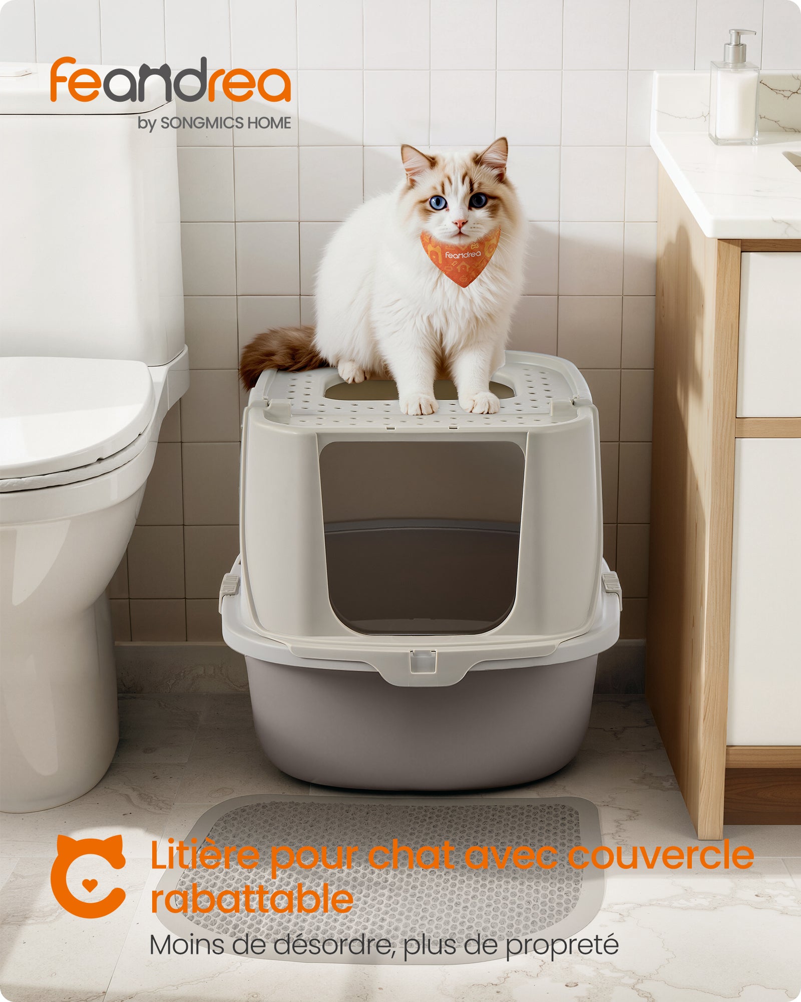 Grand Bac à Litière pour Chat, Taille XXL, Litière pour Chat avec Couvercle Basculant, avec Pelle et Brosse, pour Chats Jusqu’à 15 kg, Avoine et Gris - 2