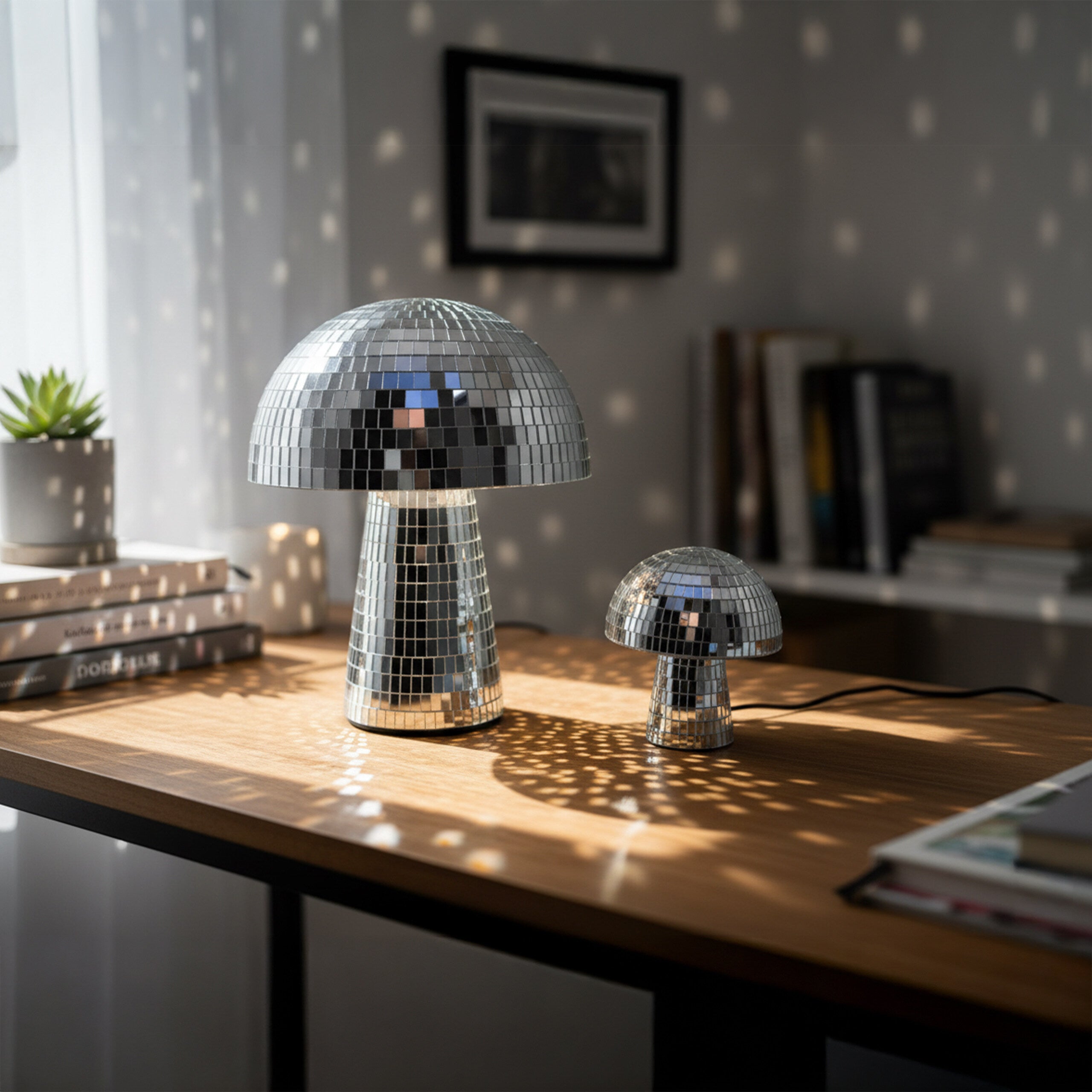 Lot de 2 champignons disco décoratifs en verre miroir, 2 tailles, pailletés pour déco de fête, argentés, Relaxdays - 2