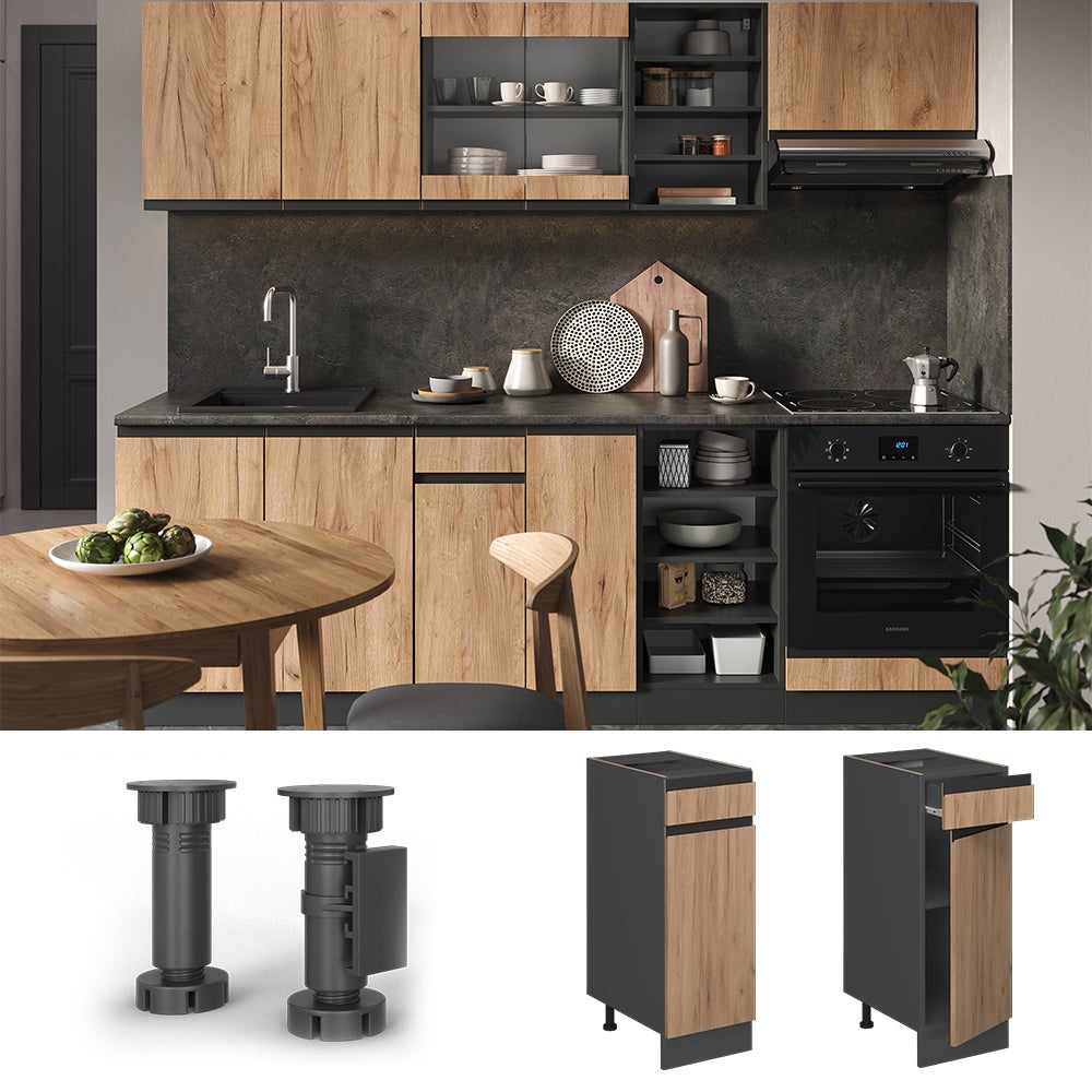 Mobiletto Base Per Cucina Vicco R-line - Larghezza 30 Cm, Finitura Antracite Lucido/quercia Dorata, Senza Piano