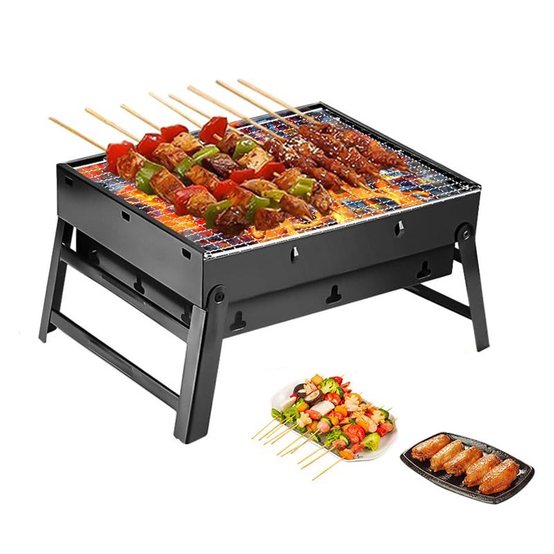 Griglia a carbone, in acciaio inox, portatile, pieghevole, per campeggio, campeggio, picnic, carbonella, colore nero