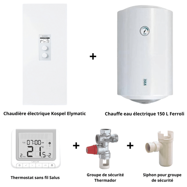 Pack chaudière électrique 7 / 9 / 11 / 14 Kw + chauffe eau 150 L + accessoires