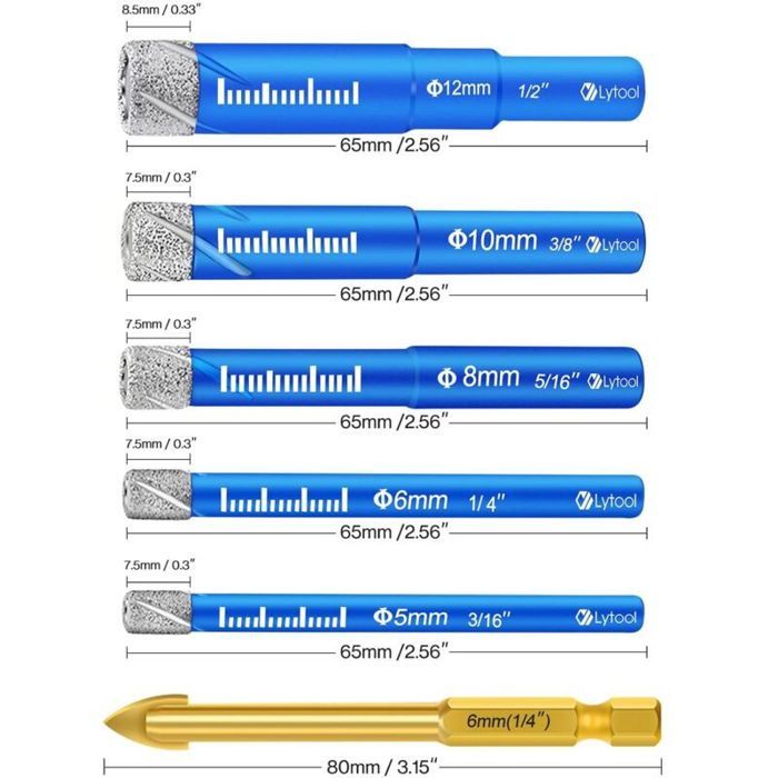 Foret Diamant - LARGEIGHT - 6 mèches - Céramique, Verre, Granit - 5 à 12 mm - Jaune - 2