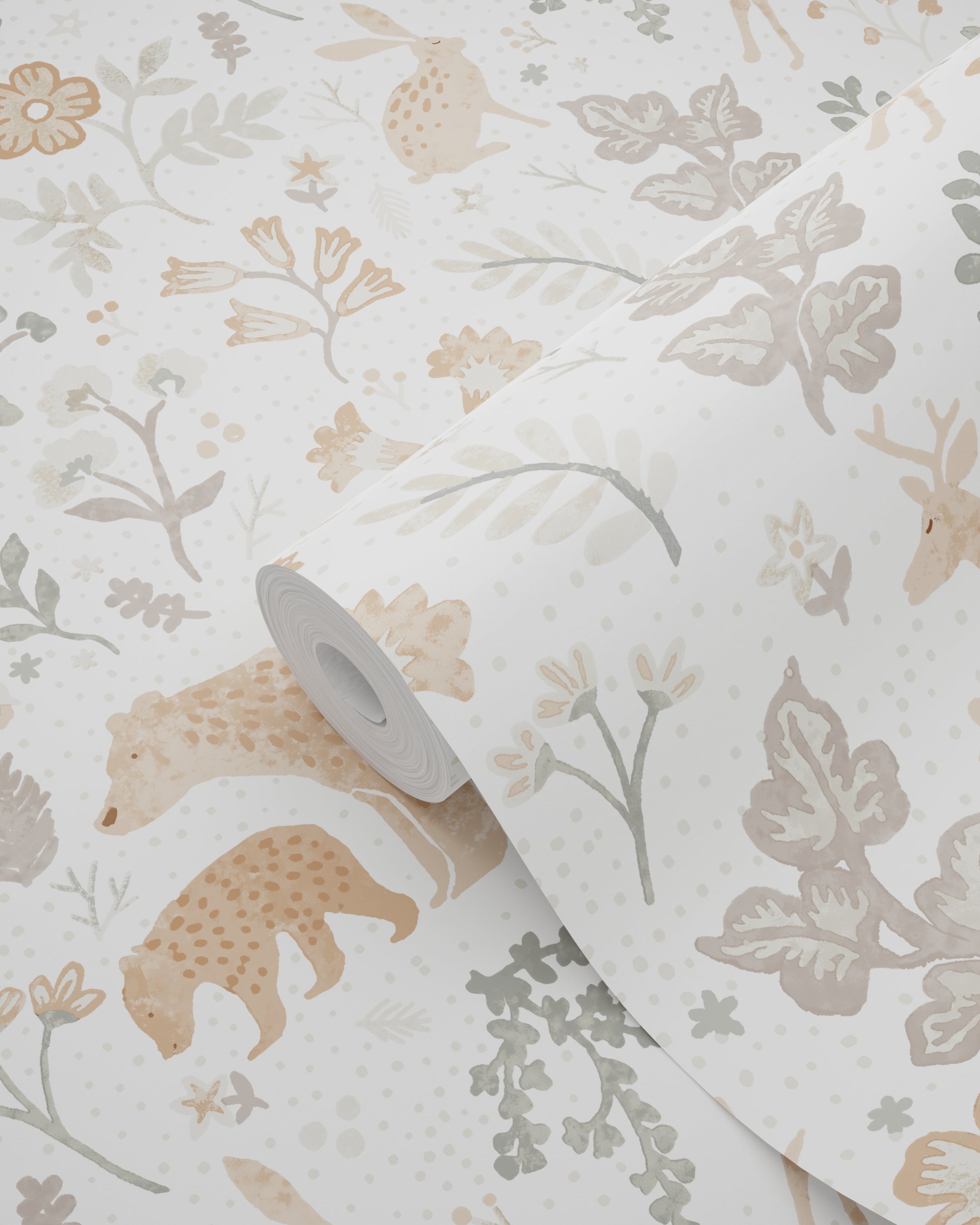 Papier peint forêt avec des animaux de la forêt vert grisé, beige et blanc - 53 cm x 10.05 m - ESTAhome - 9