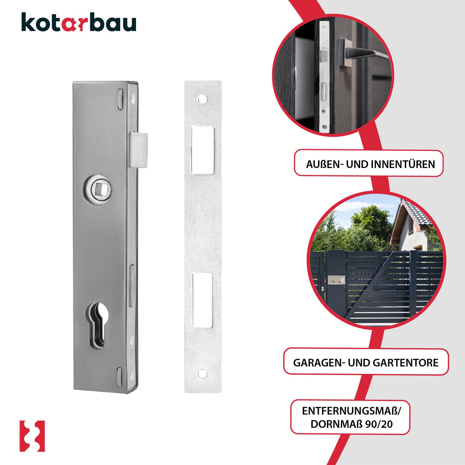 Serratura a incasso per porte e cancelli 90/20 mm con cassa in acciaio zincato, destra e sinistra, con cilindro profilato - KOTARBAU - 5