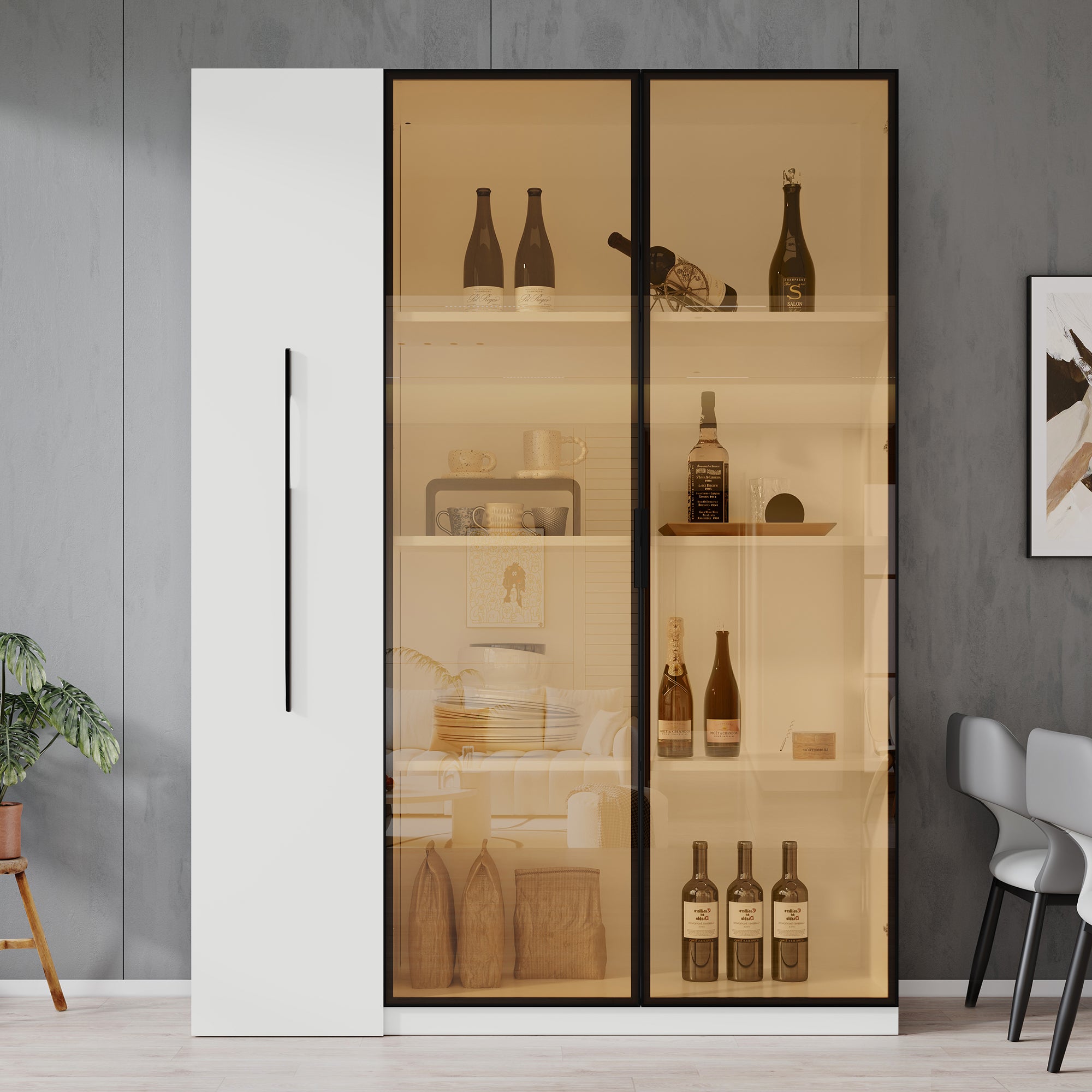 Witryna z 2 drzwiami szklanymi i 1 drzwiami przesuwnymi - 110,5 x 35 x 160 cm - MDF - 4 półki - diody LED - biała