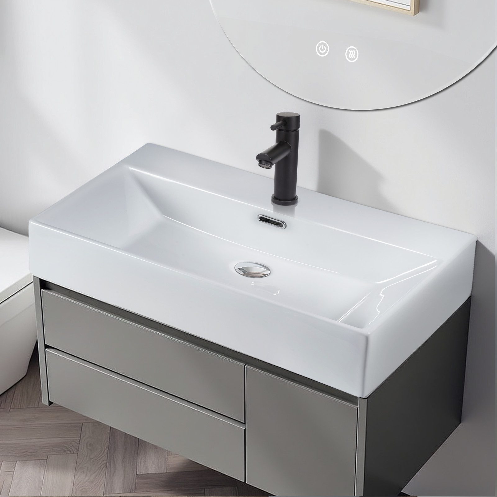 Lavabo da appoggio NETTLIFE, lavabo da bagno in ceramica bianca - Lavabo quadrato 60*42 cm - 2