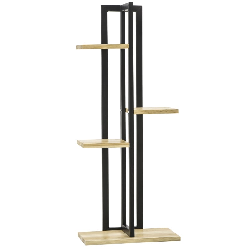 Soporte para plantas de 4 niveles, ajustable, de 110 cm de altura, para uso interior y exterior, de madera, negro + madera natural.