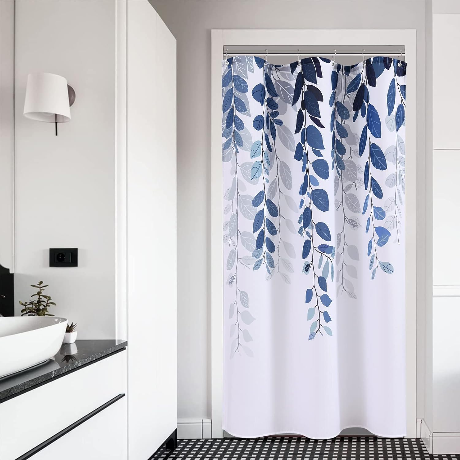 Tenda Doccia 3D 180x180 Cm Con Paesaggio In Pietra Blu E Finestra Retrò, Inclusi 12 Ganci