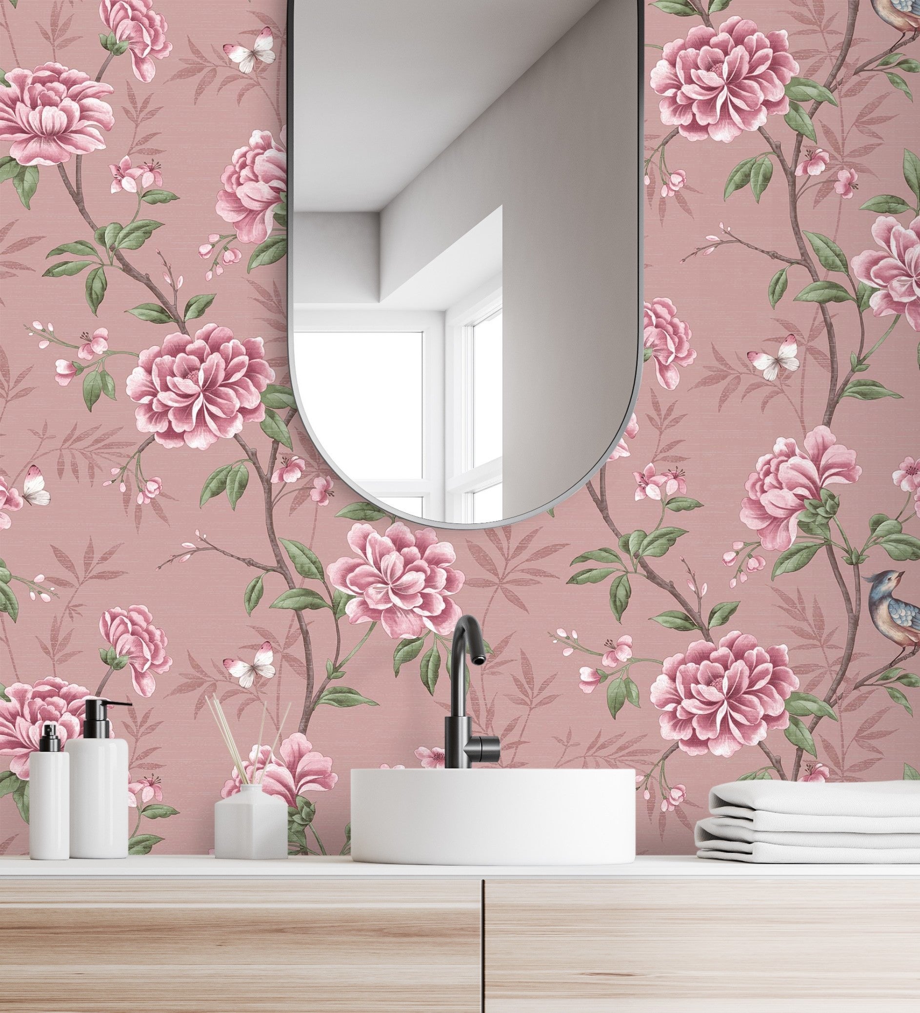 Papier peint d'oiseaux et fleurs sur fond texturé effect fibre végétale rose - Nora Garden 681990 de GAULAN - Rouleaux de 10 m x 0,52 m - 6