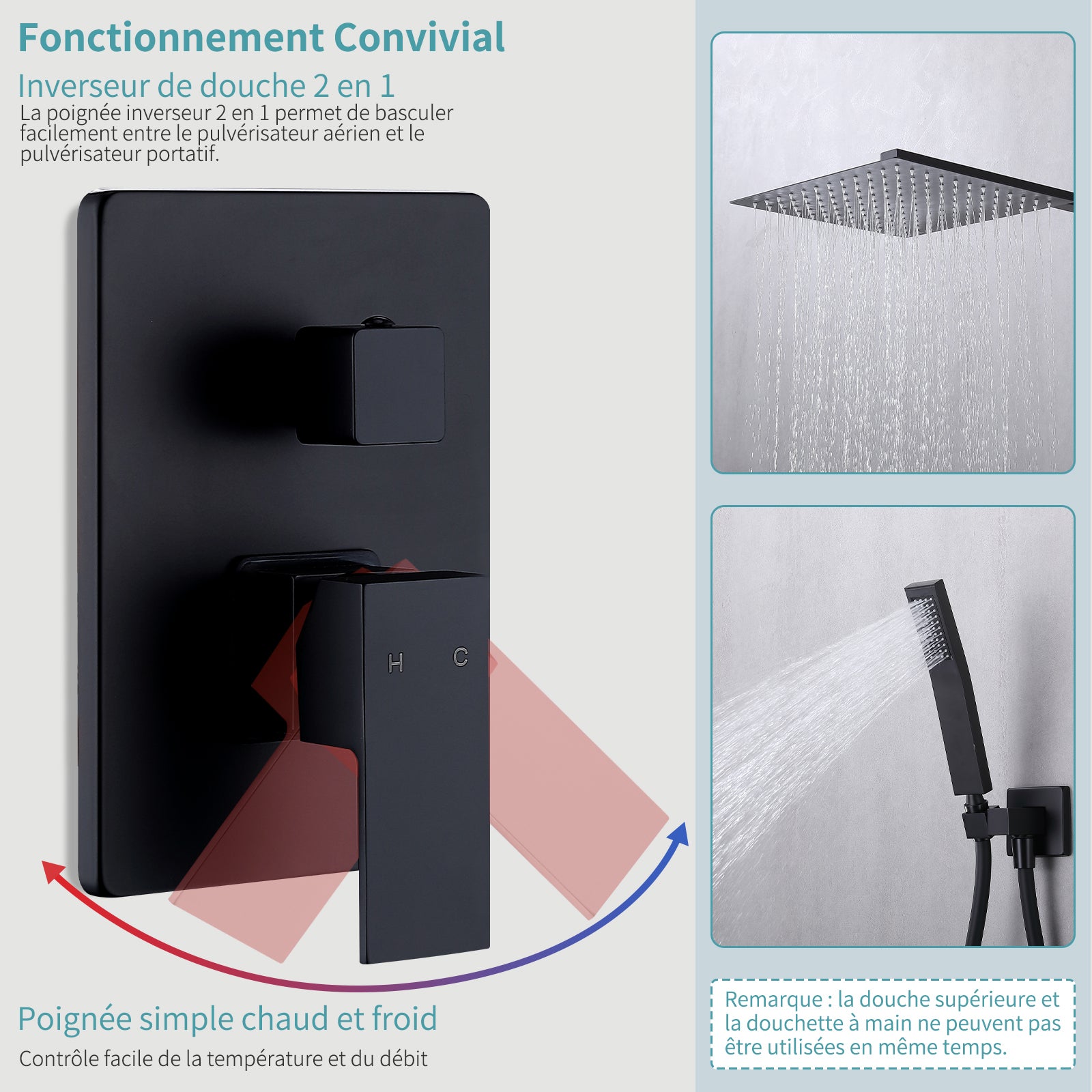 Colonne de Douche Encastrée Noir avec Tête Carrée 12