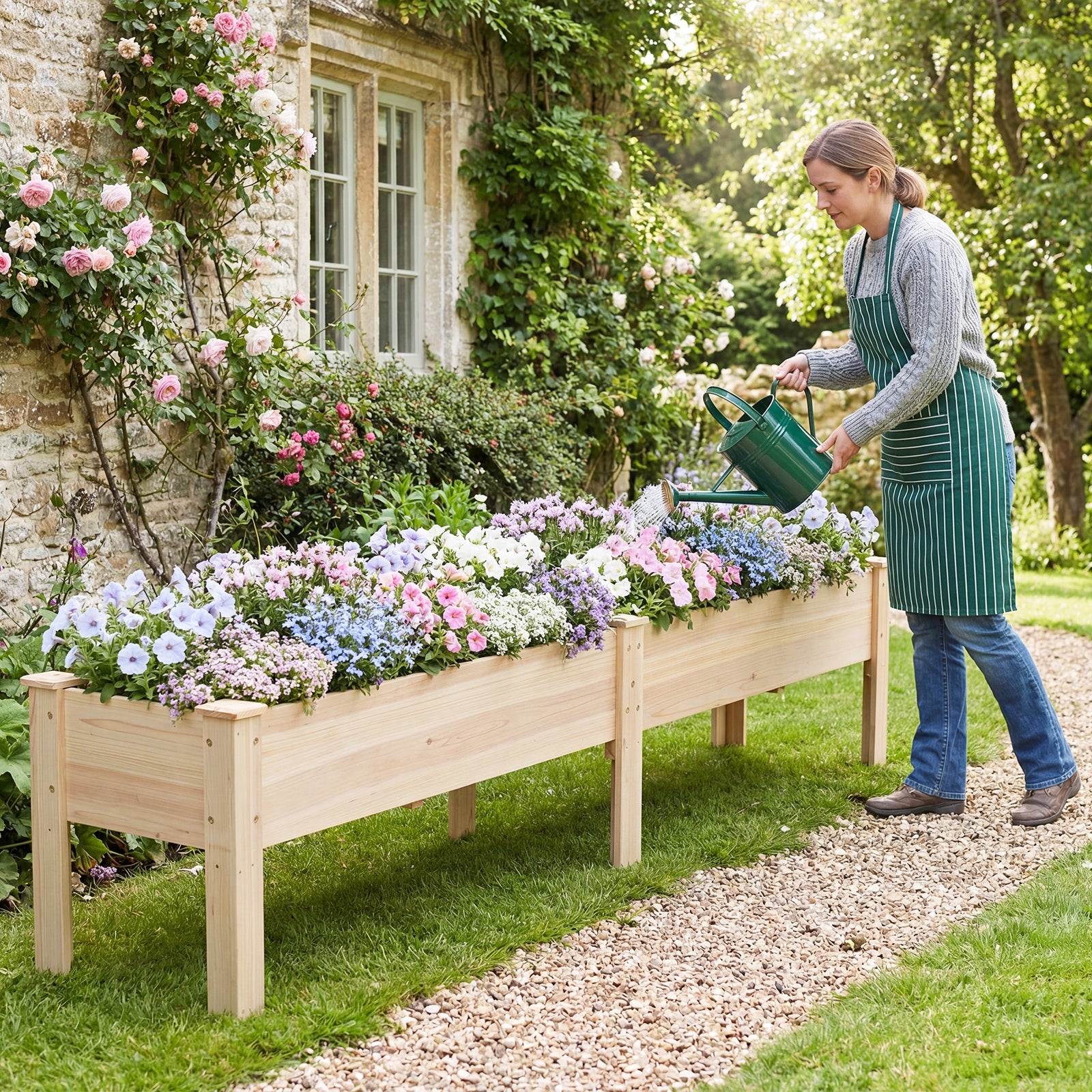 Jardinière avec 2 Zones de Culture, Bac à Fleur Surélevé en Bois de Sapin Plateaux Amovibles Séparation Trou de Drainage, 240 x 43,5 x 51,5CM, Naturel - 9