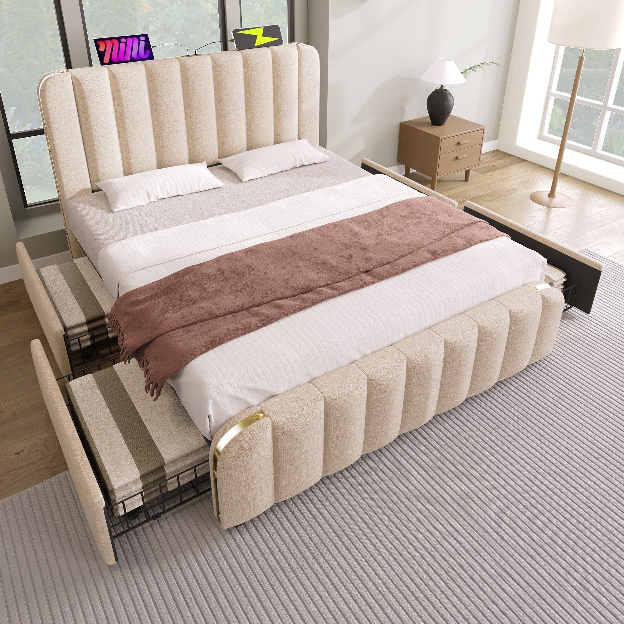 Cama para adultos, tapizada 160*200 cm, con ribete dorado y carga
