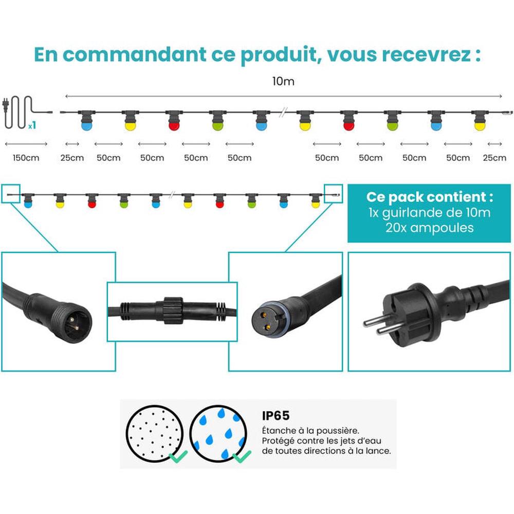 Guirlande lumineuse électrique d'extérieur avec 20 ampoules,Ampoules LED non remplaçables deux guirlandes lumineuses de 5 m - 2
