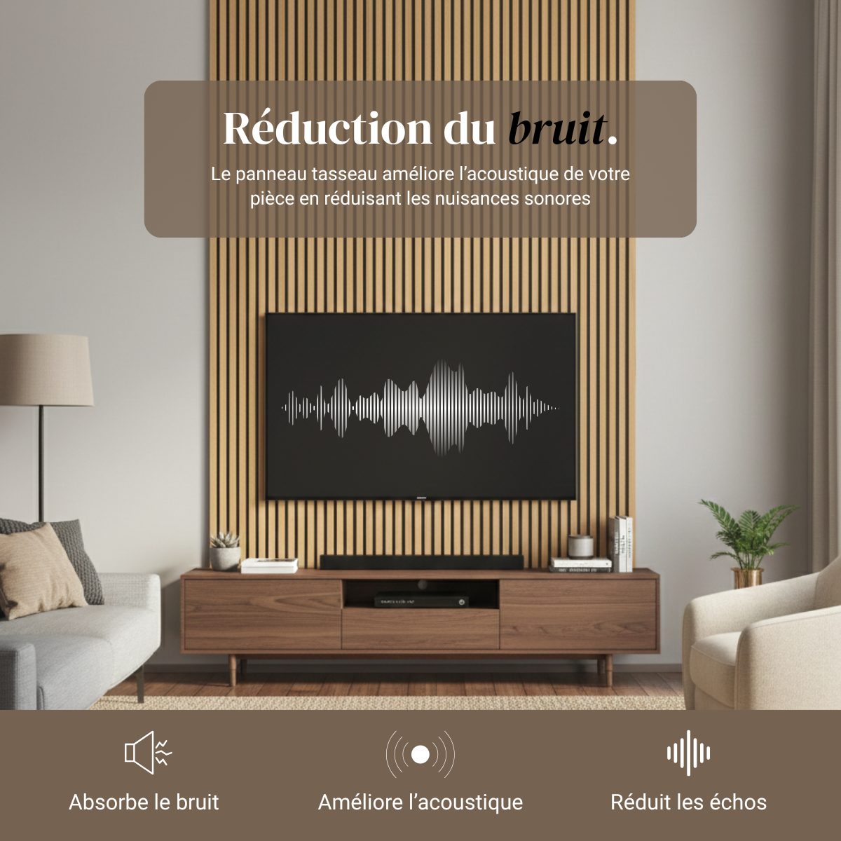 Panneau mural acoustique tasseaux MDF placage chêne véritable, L.267 cm x l.57,25 cm x Ep. 19 mm - 3