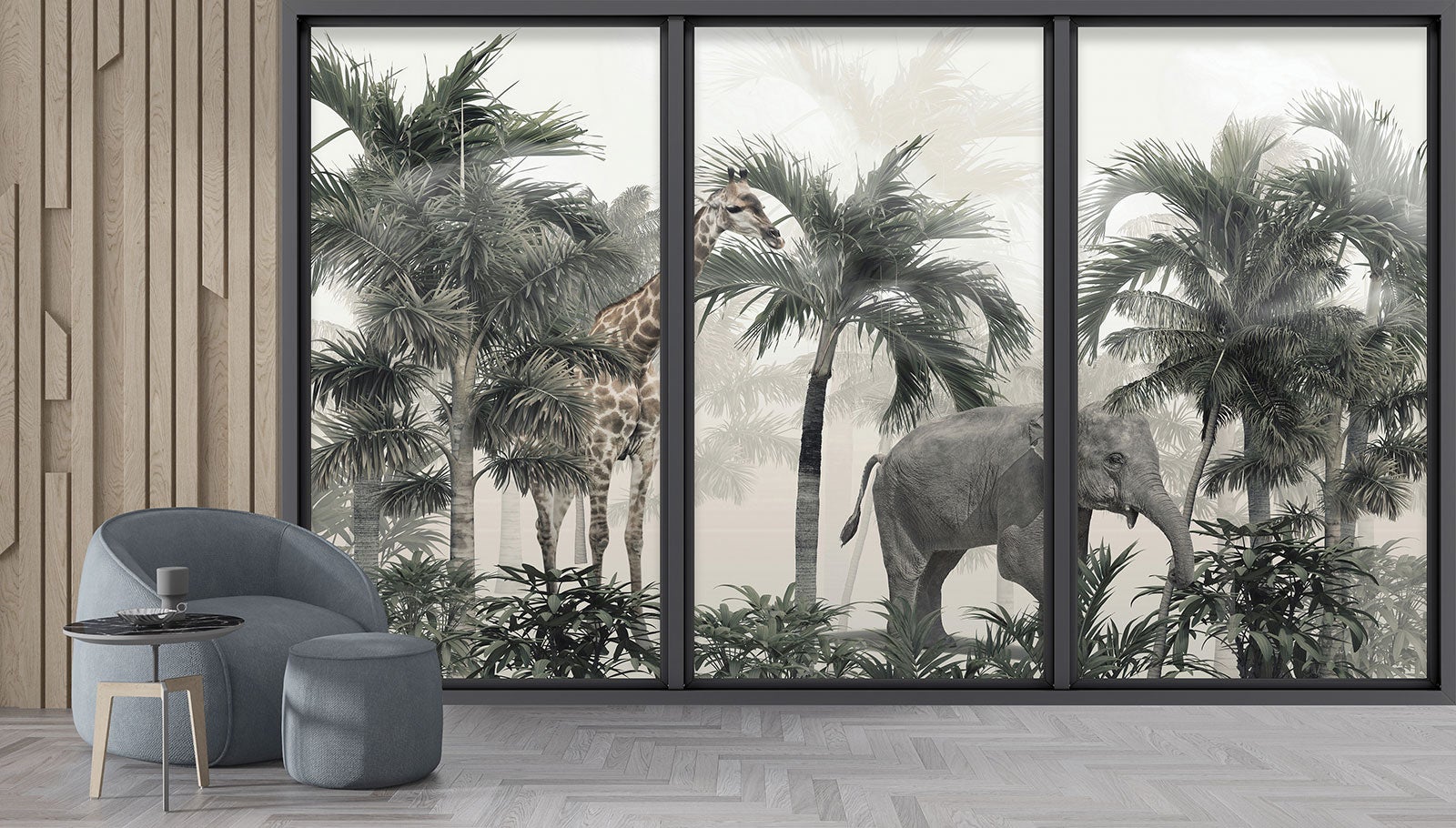 Papier peint panoramique Trompe l'oeil baie vitrée - Animaux de la jungle - Largeur 325 cm x Hauteur 195 cm - 3