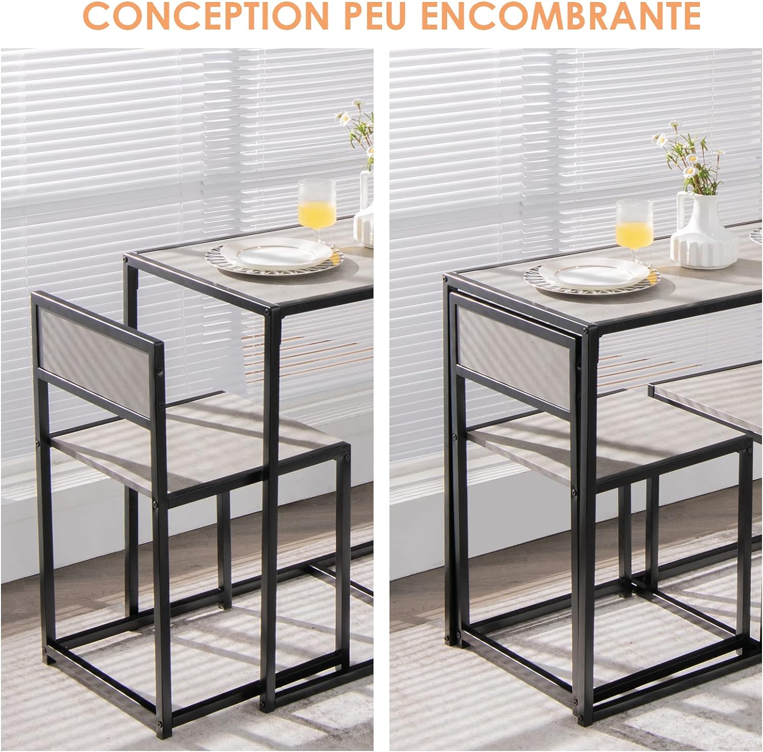 Ensemble de Table et Chaises Compacte et Antiderapante avec Cadre en Metal, Table avec 2 Chaises Robuste et Pratique, Style Retro Ideal (Gris) - 9