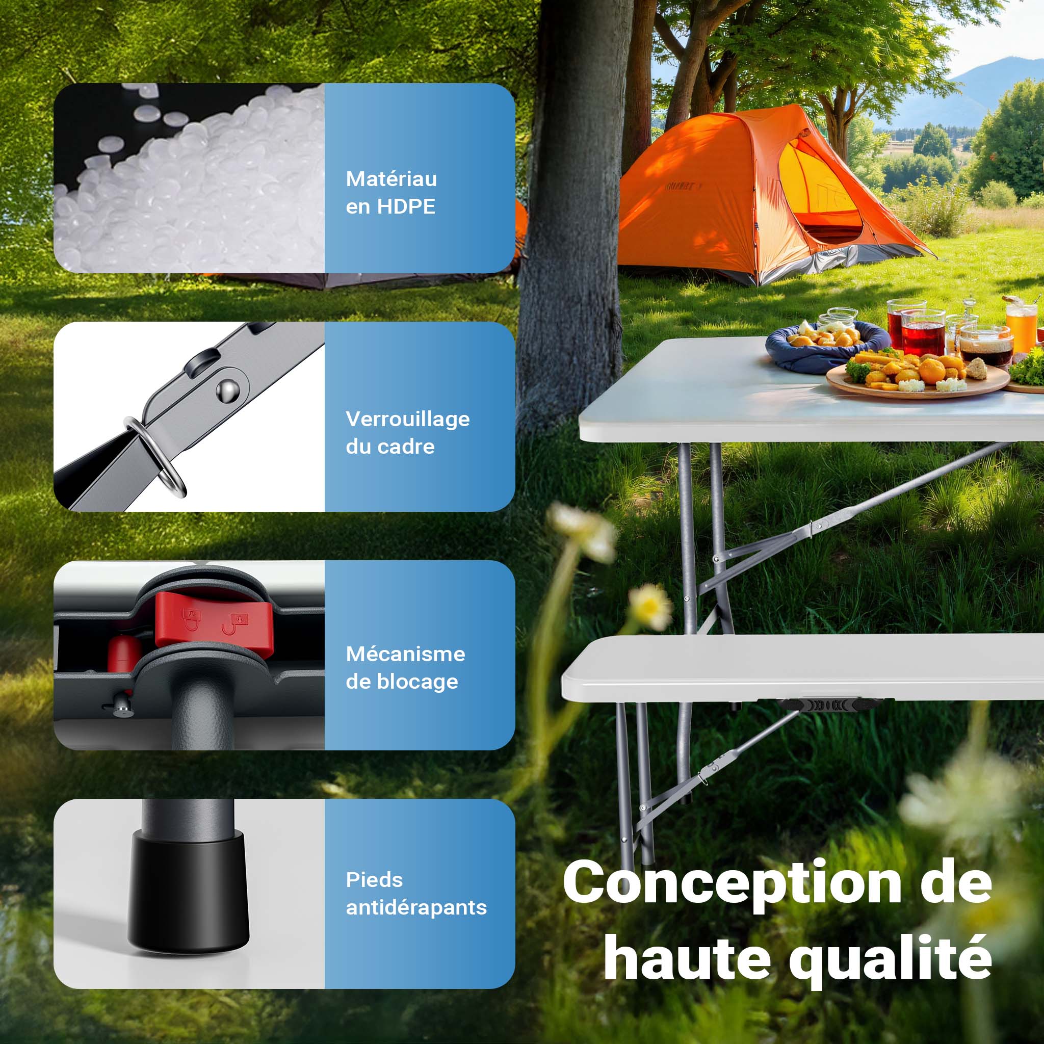 Banc de camping pliant, 1800 x 300 x 430 mm, 3 Places, en acier et PE-HD, Banc léger pour jardin extérieur Fête BBQ Barbecue Wiltec - 7