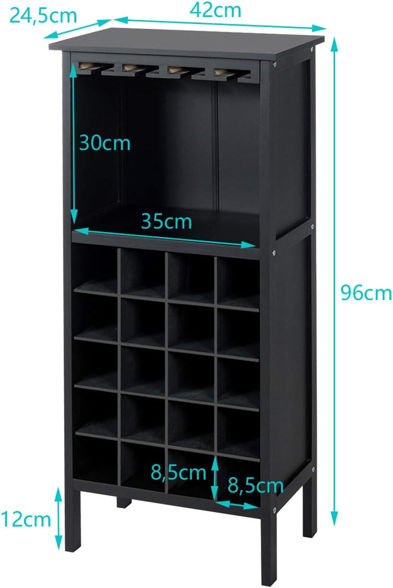 Casier a Vin, avec 20 Emplacements et Porte-gobelet, Etagere a Bouteille en Pin 42 x 24,5 x 96 CM pour Cave, Collier, Cuisine, Salon, Chambre (Noir) - 5