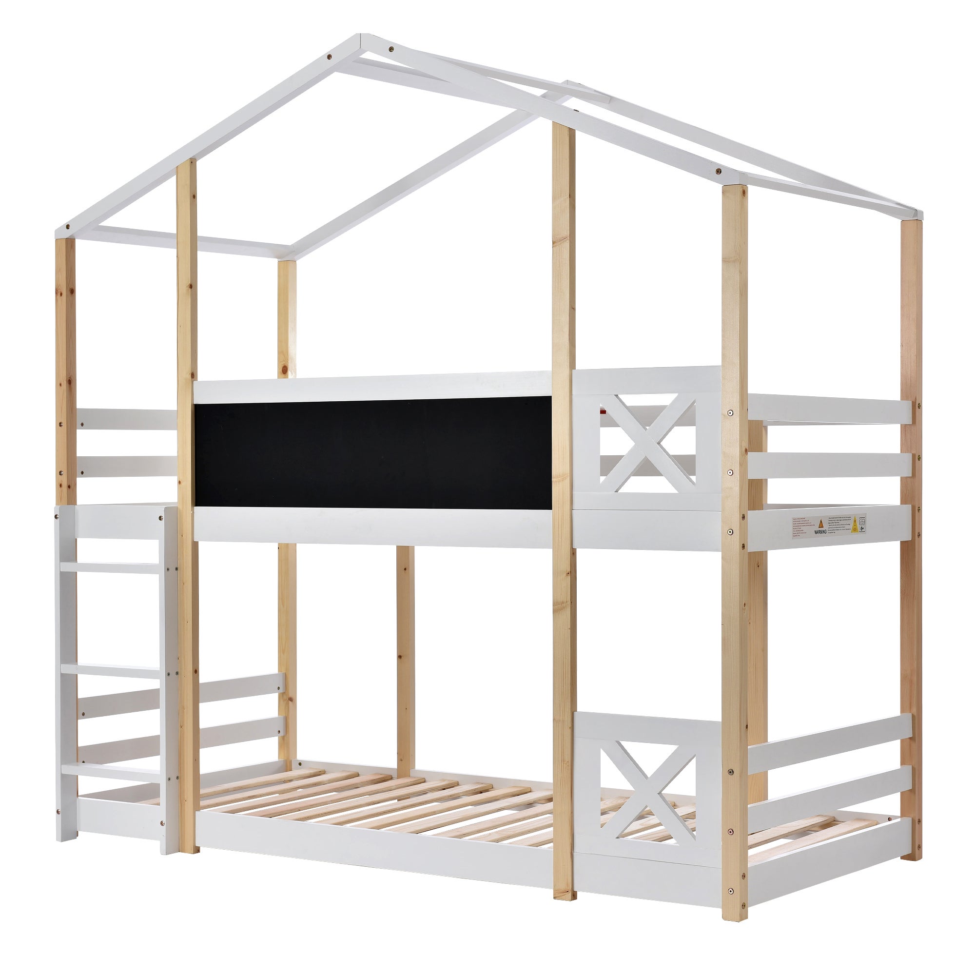 Lit superposé cabane en pin massif avec barrières anti-chutes + échelle + tableau noir - 90x200cm - Naturel & Blanc - 7