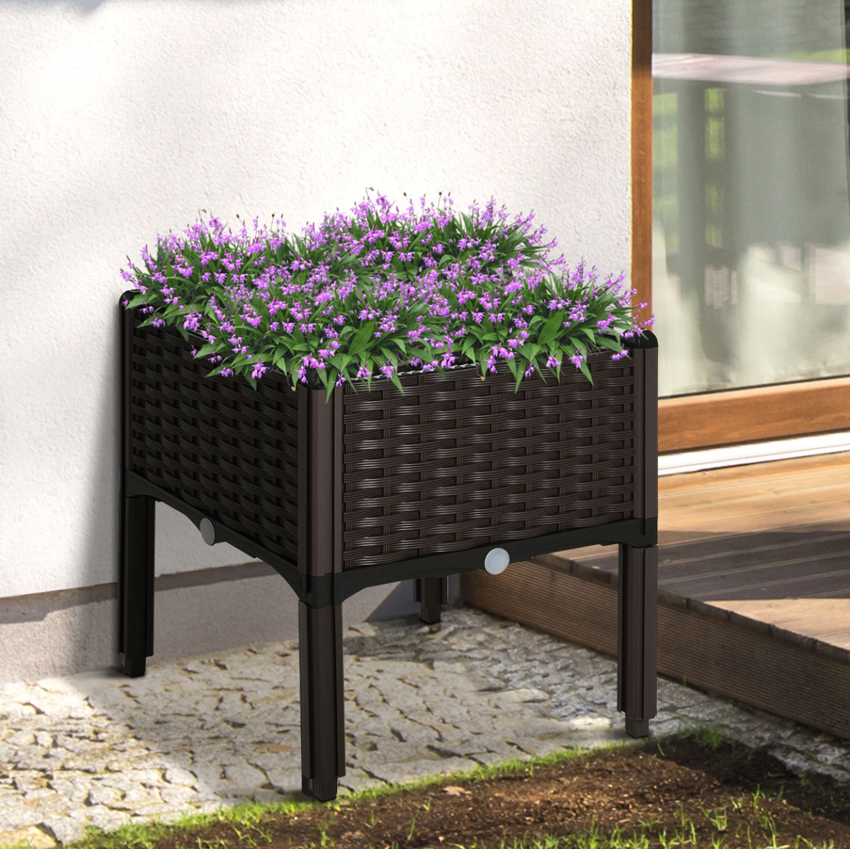 Jardinieră Outsunny, cu aspect de ratan, 40x40x44cm, cu găuri de drenaj, din PP maro, pentru grădină și balcon