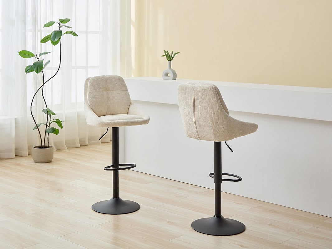 Zestaw 2 stołków barowych z teksturowanej tkaniny i czarnego metalu - Regulowana wysokość - Kremowy - LARANZA