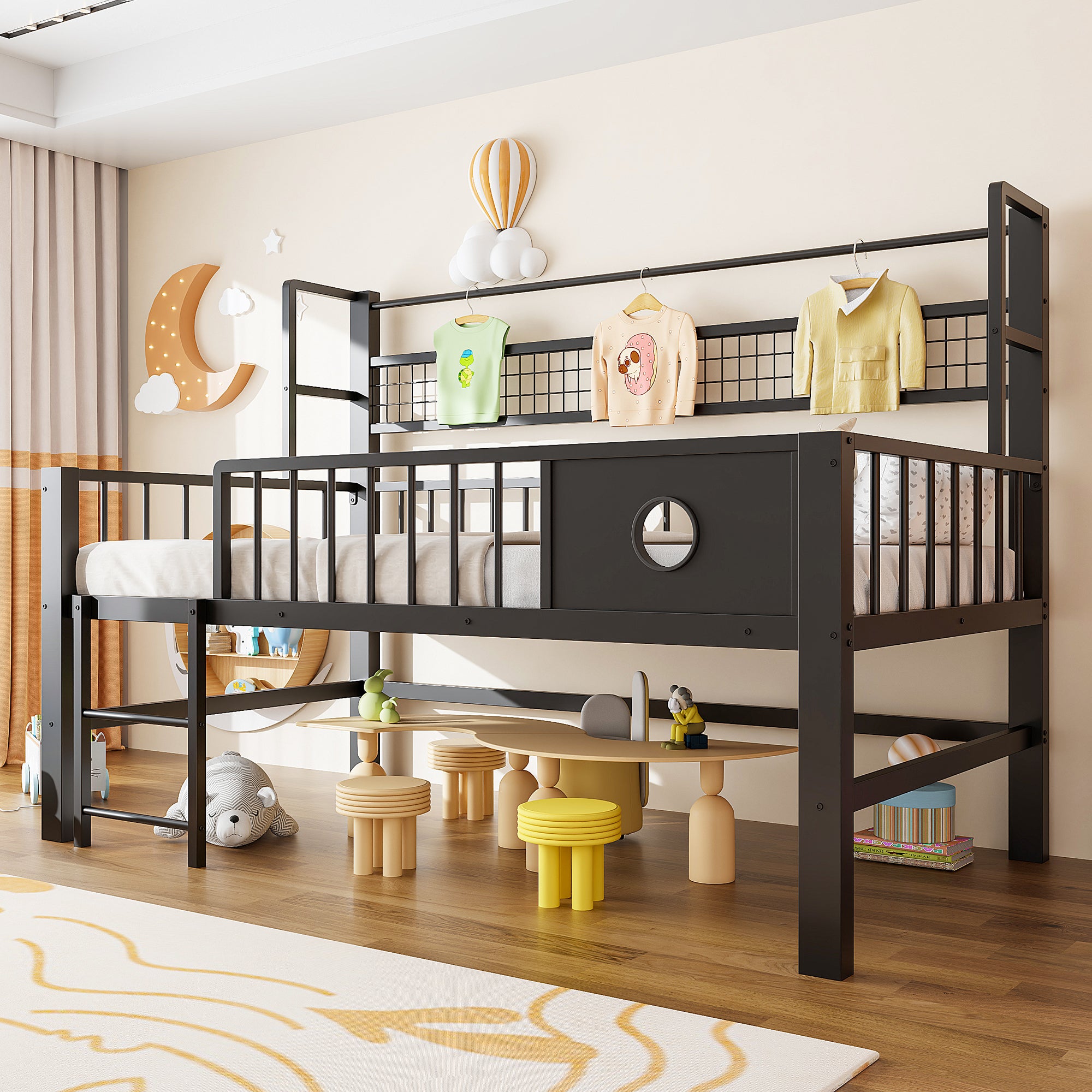 Łóżko średniej wysokości 90 x 200 cm z drążkiem na ubrania i siatką - Metal + MDF - dla dzieci - Czarne (Materac nie jest wliczony w cenę)