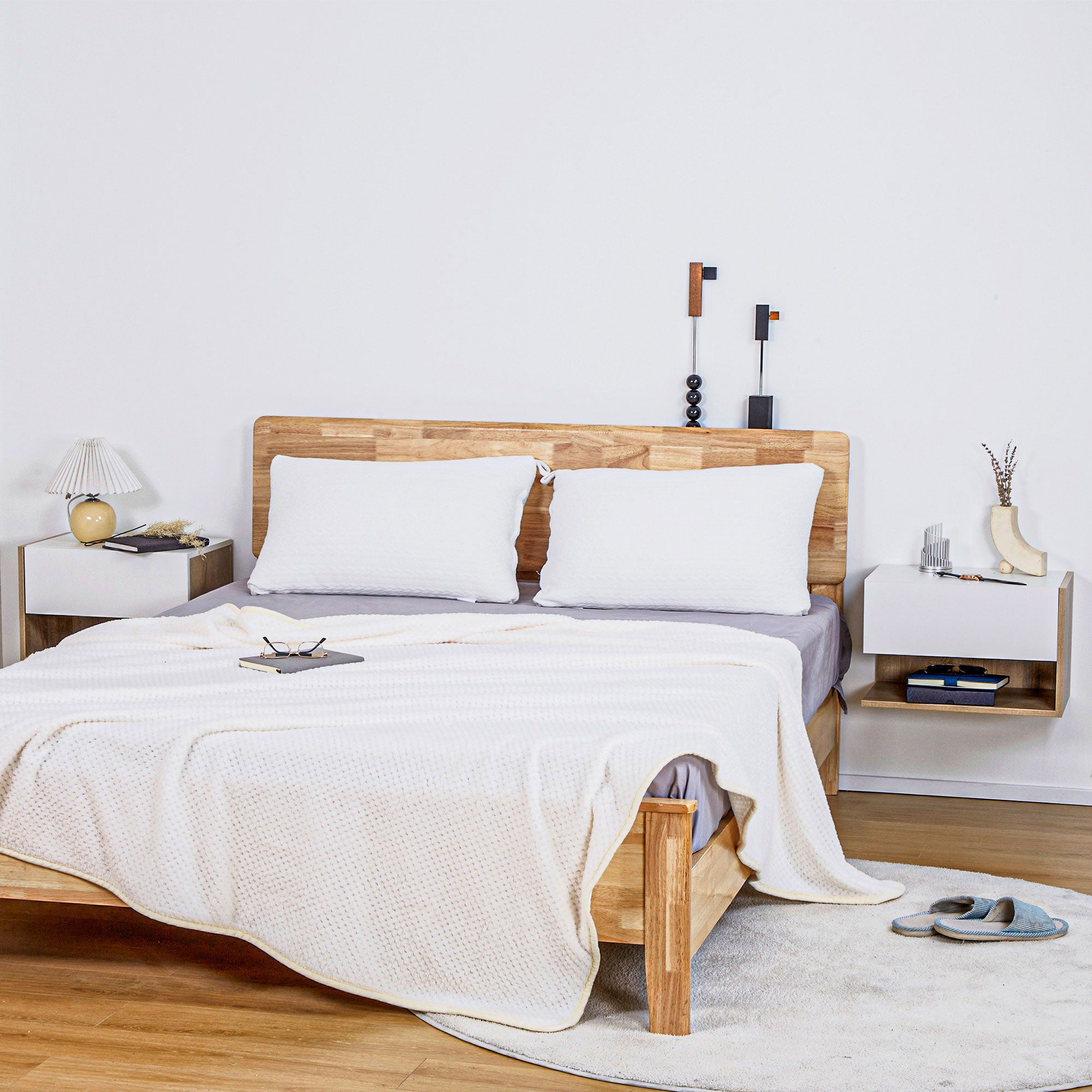 Lot de 2 tables de chevet murales - tiroir, étagère - chêne clair blanc - 4