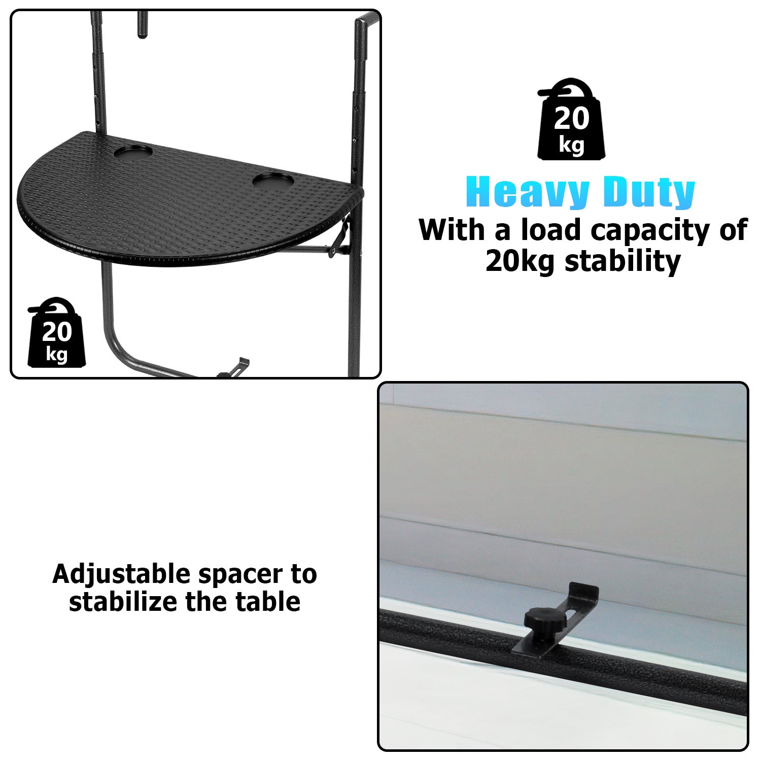 Table de Balcon Suspendue Petite Table Murale Rabattable 60 x 40 cm, Noir - 6