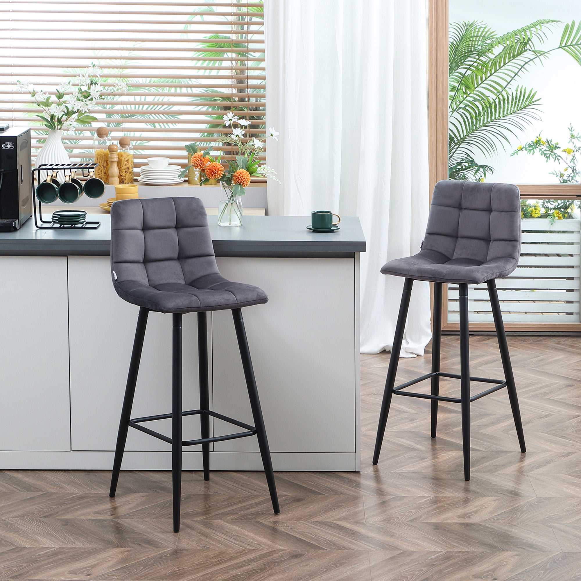 Homcom Taburetes De Bar Terciopelo, Acero 42X55x103 Cm Gris , Leroy Merlin