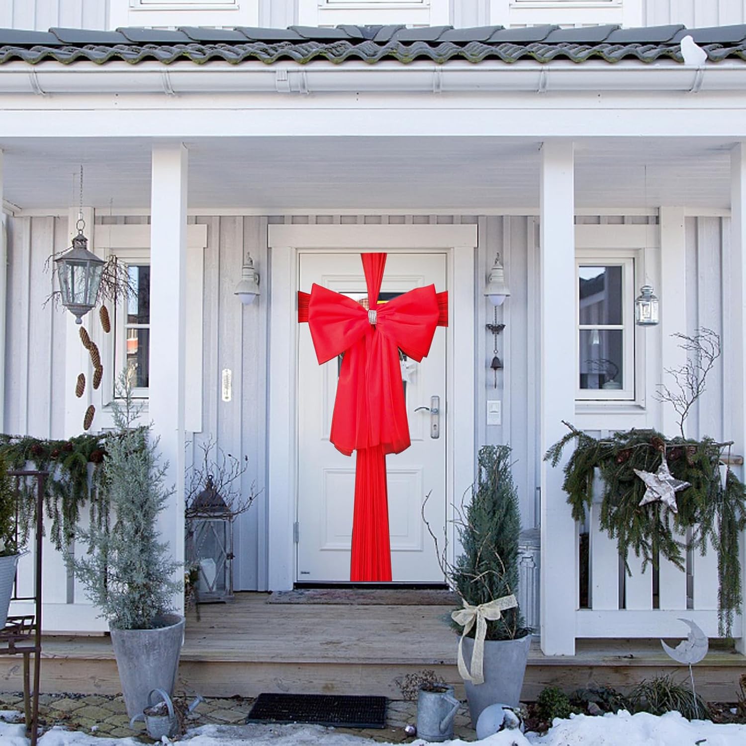 Lazo navideño para puerta, decoración navideña para puerta principal, lazo doble con decoración de diamantes de imitación, boda, fiesta, Navidad, dec - 5