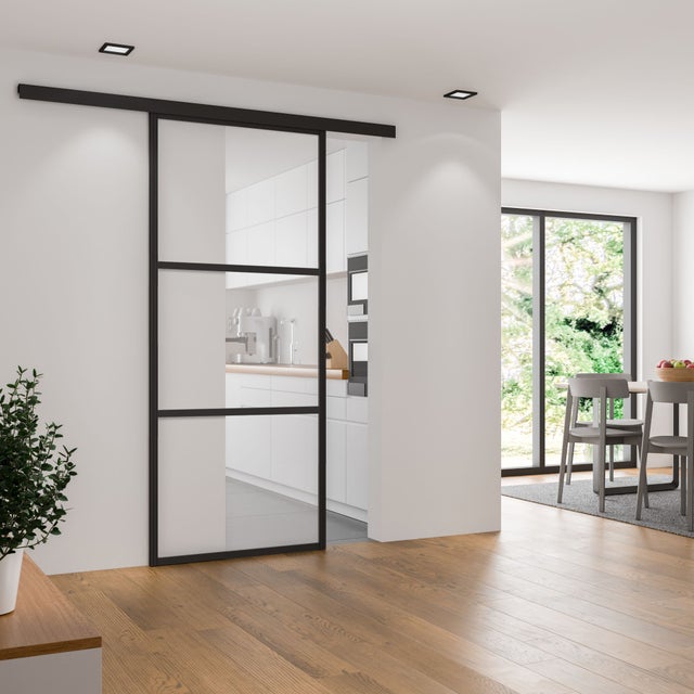 Schulte porte coulissante en verre, 102x220cm, porte coulissante intérieure, porte vitrée verrière, décor industriel noir-double amortisseur softclose