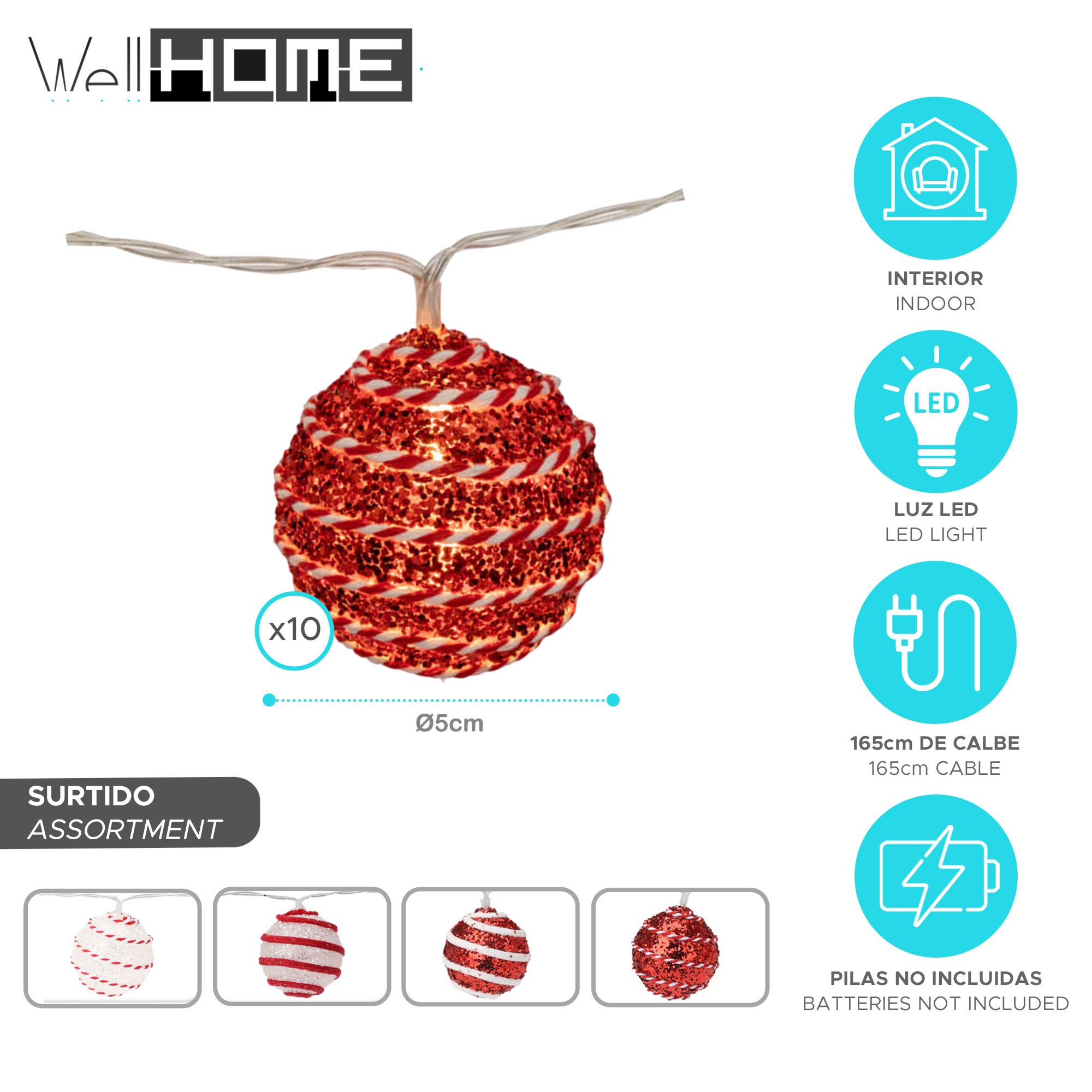 Guirlanda de Natal com 10 luzes LED e bolas decorativas nas cores vermelha e branca. - 2
