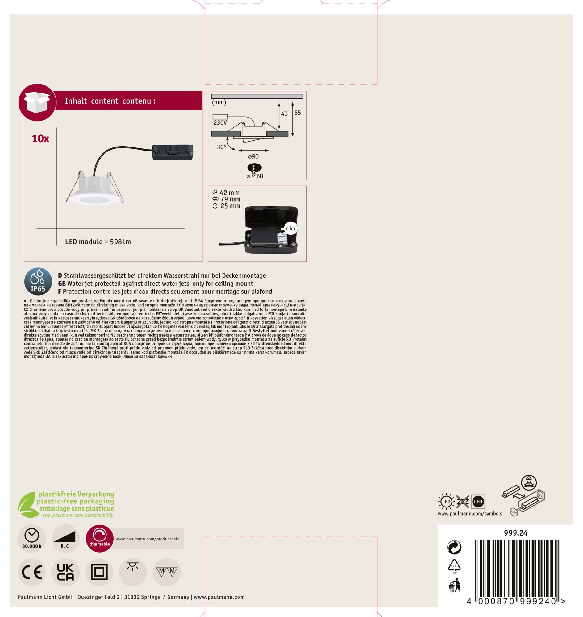 Spot encastré LED Calla Kit de base orientable IP65 rond 90mm 30° 10x5,2W 10x460lm 230V gradable 4000K Blanc dépoli - 8