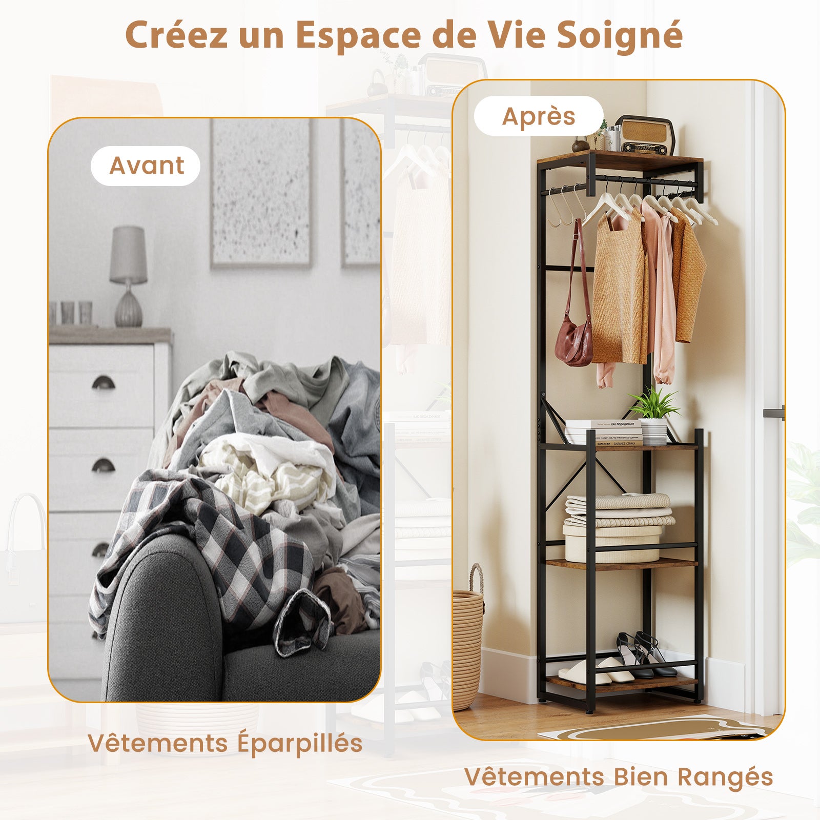 Porte-Manteau Autoportant, Arbre d'Entrée Mince avec 4 Étagères de Rangement, 6 Crochets et 3 Tringles à Vêtements, 40 x 30 x 162 cm pour Entrée - 4