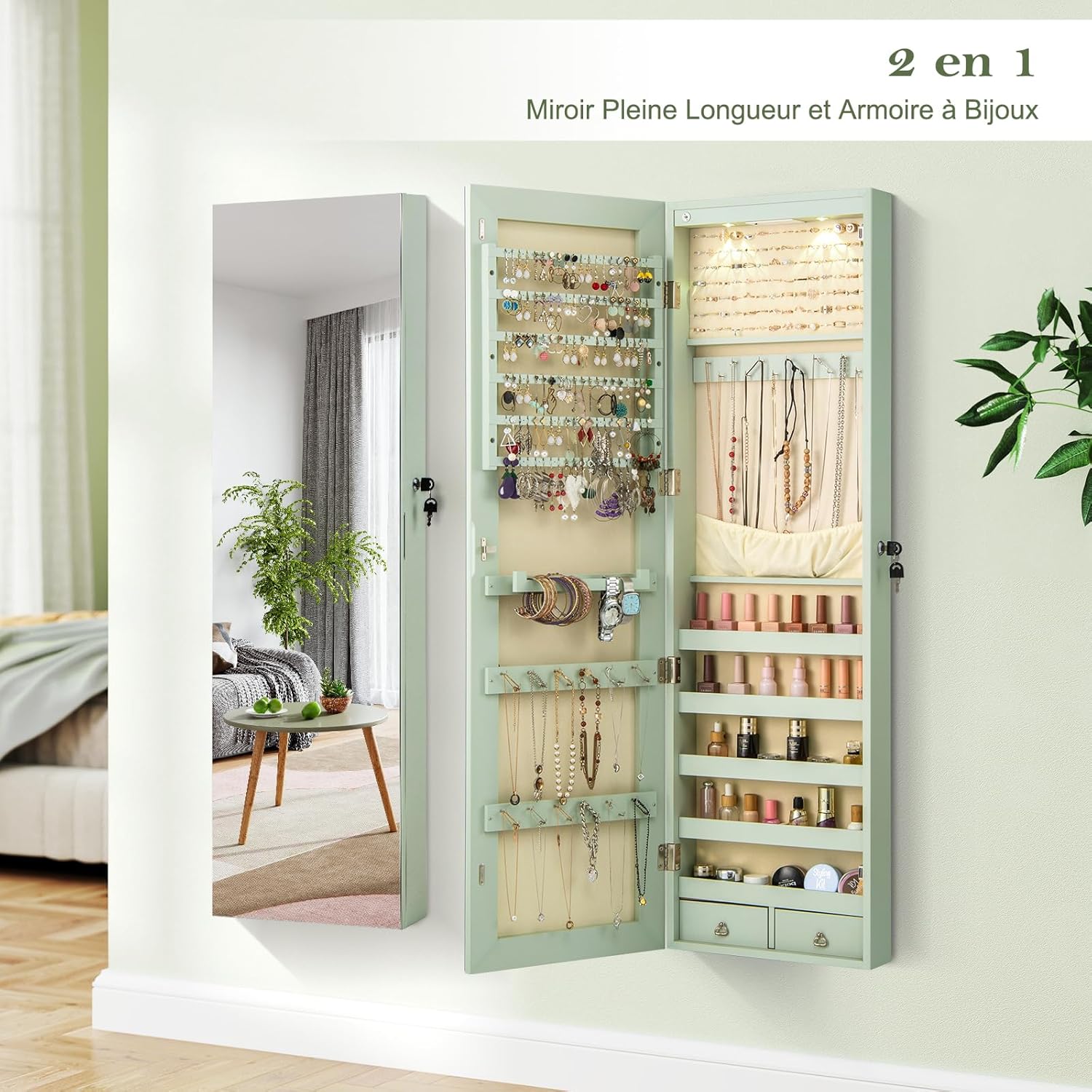 Armoire à Bijoux avec Miroir, Armoire a Bijoux Murale avec Éclairage LED, 2 Tiroirs, Fixer au Mur ou à Suspendre sur Porte (Vert) - 5