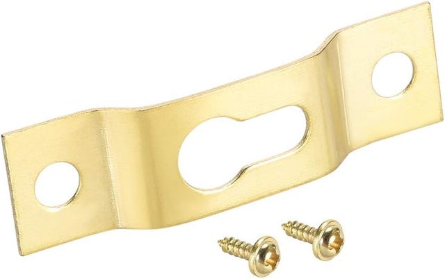 Paquete de 20 placas colgantes con forma de ojo de cerradura, 38 mm x 11 mm, gancho de un solo orificio para marcos de fotos con tornillos, color dora